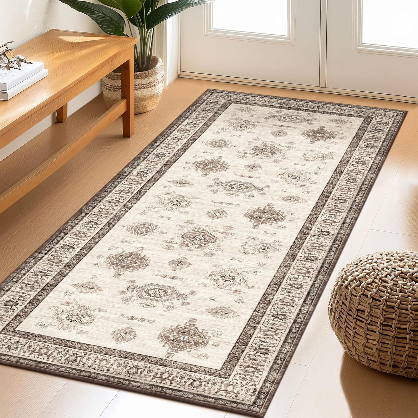 2X5 Area Rugs Machine Washable Rugs for Living Room, Vintage Boho Large Rugs for Bedroom Dining Room, Non Slip Indoor Soft Distressed Lightweight Thin Low Pile Carpet, Beige