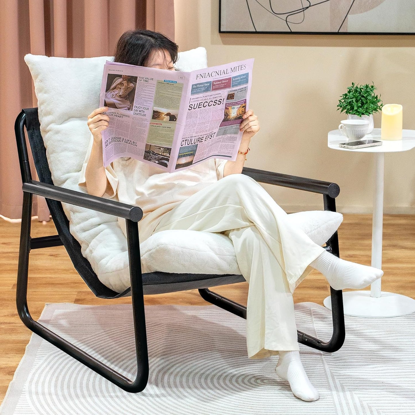 Plush Modern Accent Chair Single Comfy Chair for Bedroom — Ergonomic Lounge Chair with Stylish Upholstery, Space-Saving Design & Easy Assembly White