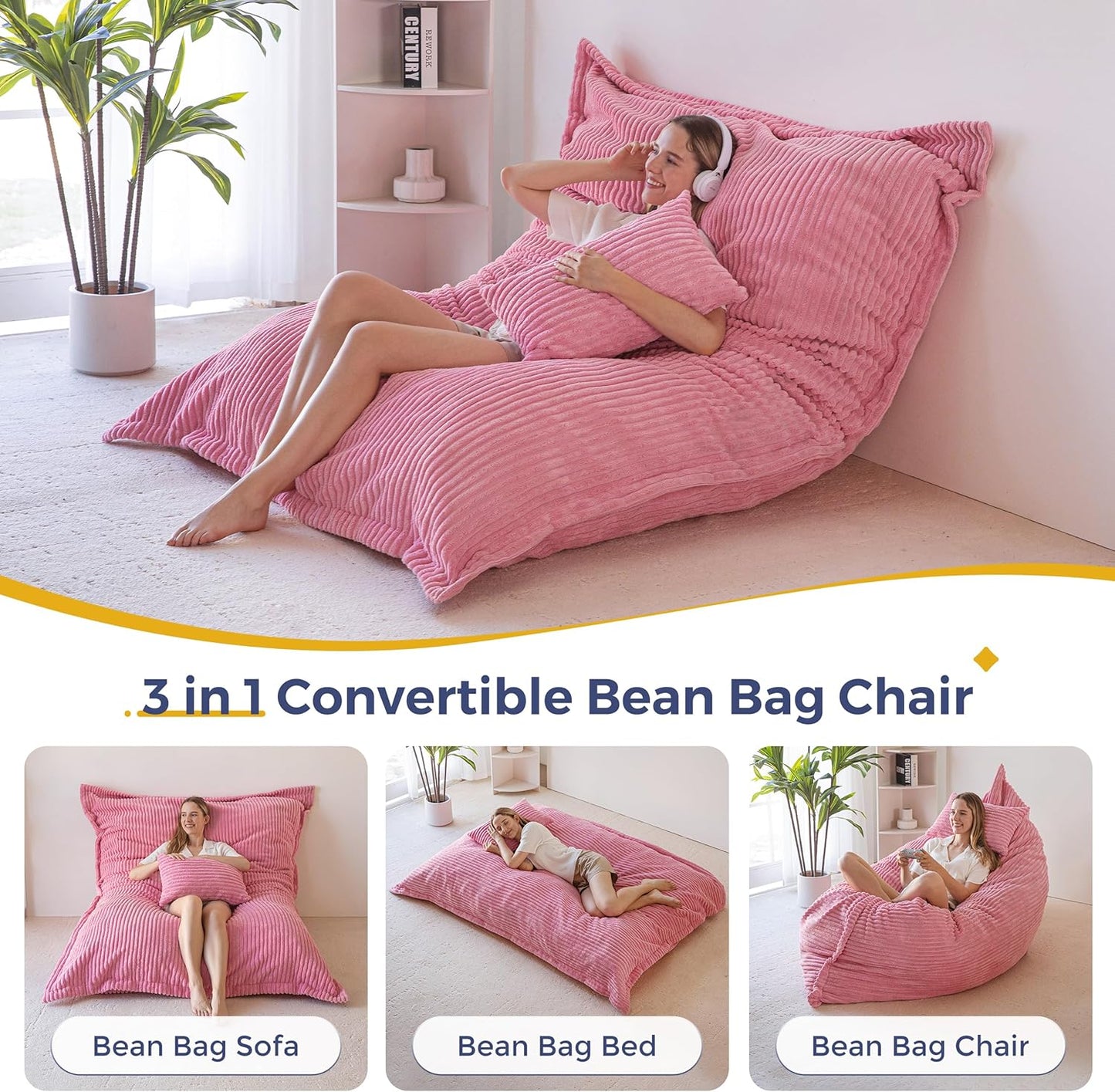 MAXYOYO Giant Bean Bag Chair with Pillow, 3 in 1 Convertible Bean Bag Chair for Adults with Washable Cover, Removable Floor Cushion Stuffed Floor Lounger for Living Room Bedroom, Pink, Queen