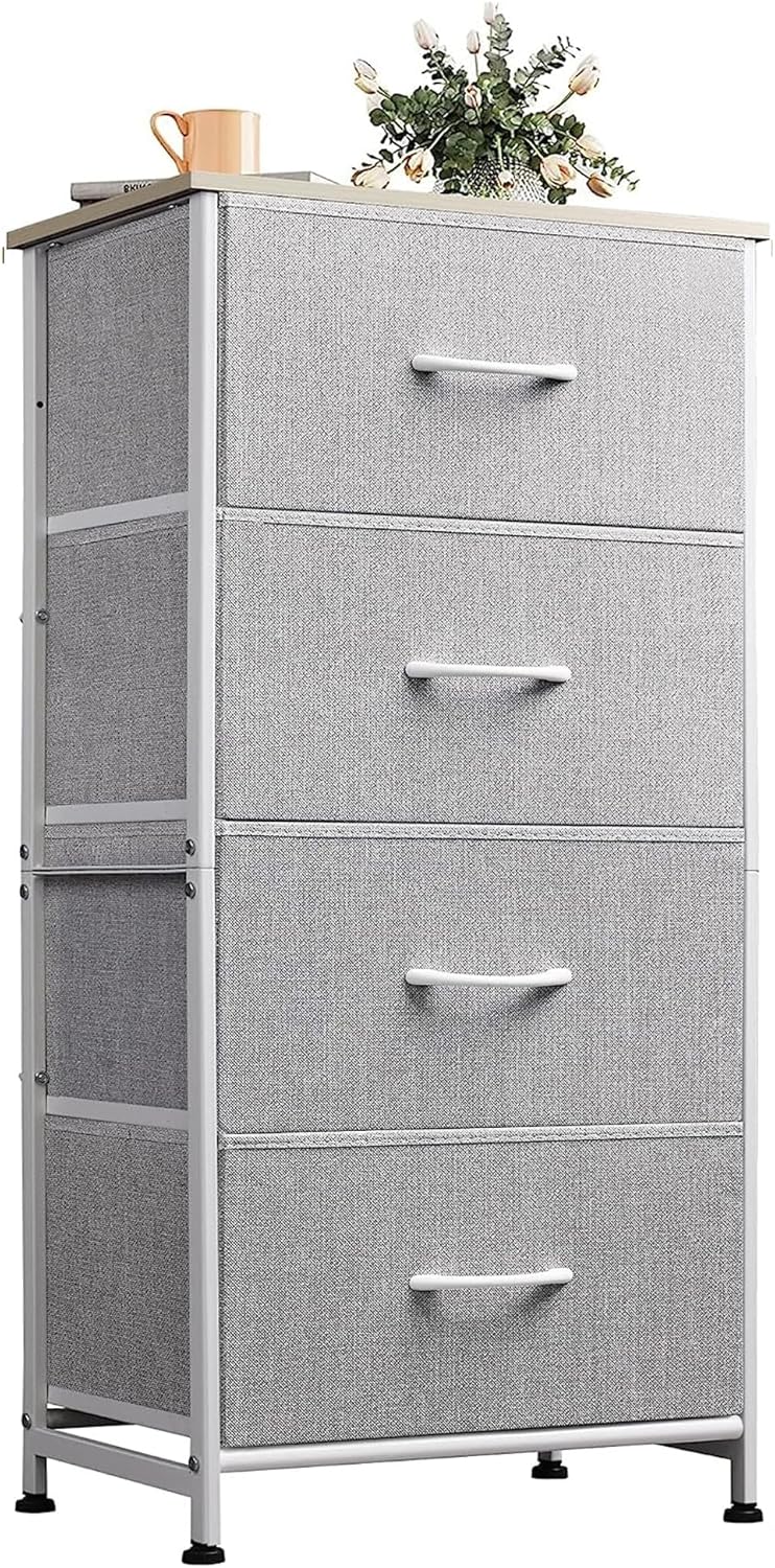 WLIVE 4 Drawers Dresser for Bedroom, Light Grey Fabric Clothes Storage Organizer Unit, Dresser for Hallway, Entryway, Closets, Sturdy Steel Frame, Wood Top