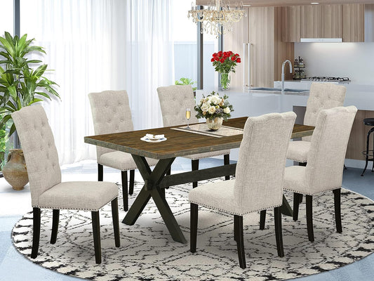 East West Furniture X677EL635-7 7 Piece Dining Table Set Consist of a Rectangle Kitchen Table with X-Legs and 6 Doeskin Linen Fabric Parson Dining Room Chairs, 40x72 Inch, Multi-Color