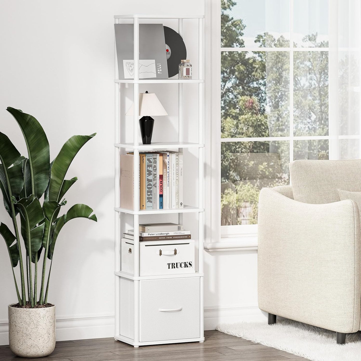 6-Tier Bookshelf with Drawer,Narrow Bookshelves Organizer,Floor Standing Ladder Shelf,Tall Bookcase for Small Space,Book shelf with Storage for Living Room, Bedroom, Office, Study White HBC505W