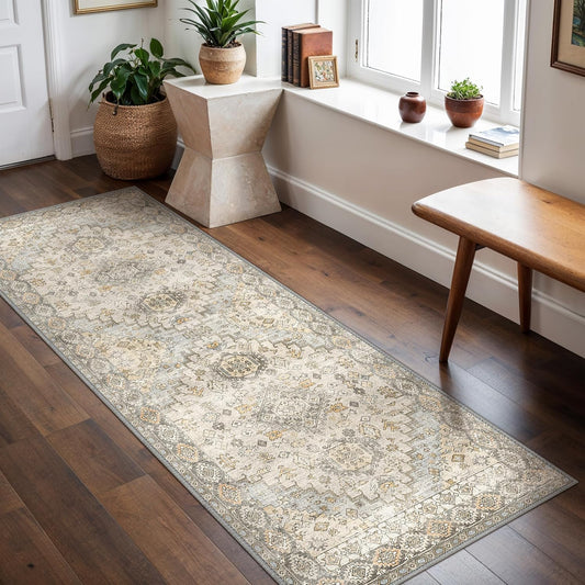 GENIMO Runner Rug 2x10 Machine Washable Non Slip Vintage Hallway Runner Rug, Low Pile Lightweight Rugs for Indoor Entryway, Hallway, Kitchen and Corridor, Antique Taupe