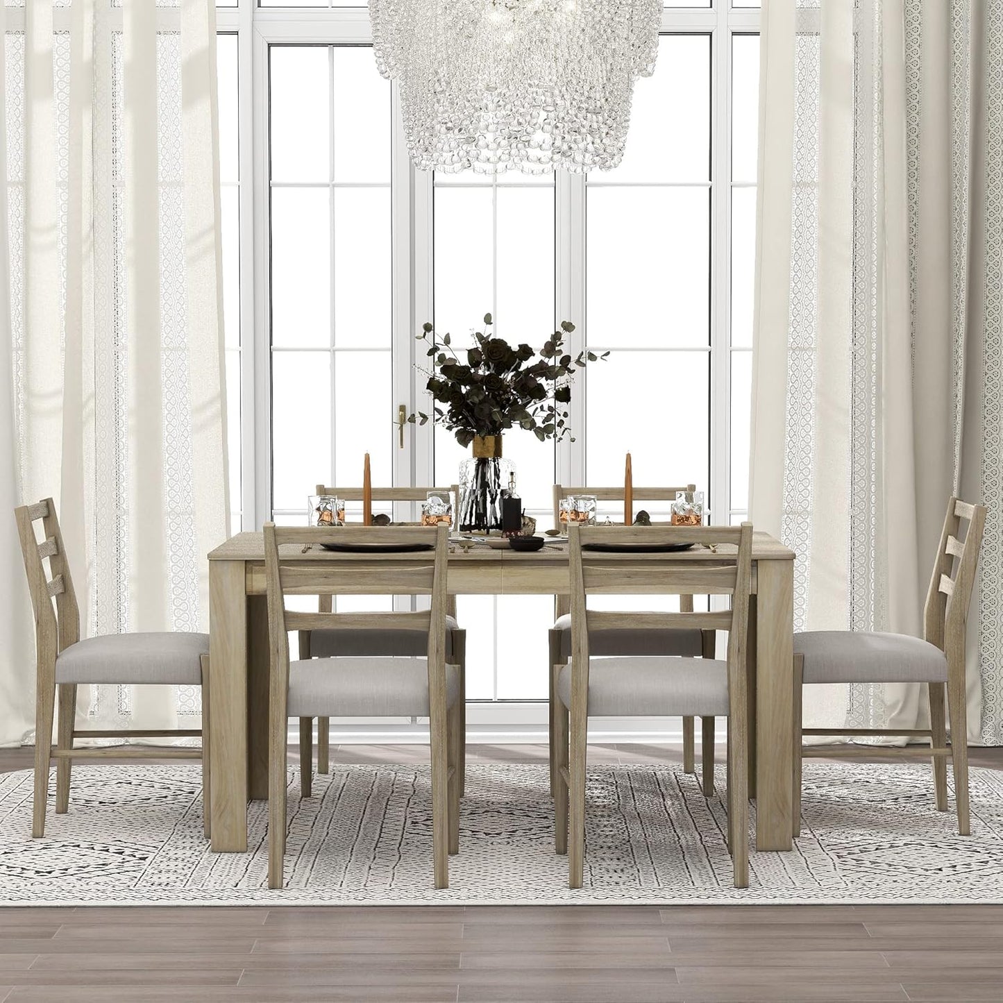 7 Pieces Dining Table Set with 6 Upholstered Chairs,Living Room Desk W/ 2 Drawers and 71.5" Rectangle Extendable Leaf,for Restaurant,Home Bistro,Natural Wood Wash