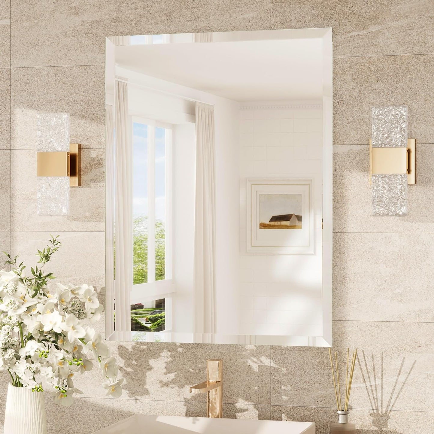 TokeShimi 24x32 Beveled Bathroom Mirror Frameless, Tempered Rectangle Bathroom Vanity Mirror Beveled with 1" Beveled Edge, Shatterproof Farmhouse Wall Mirrored for Living Room, Entryway, Restroom