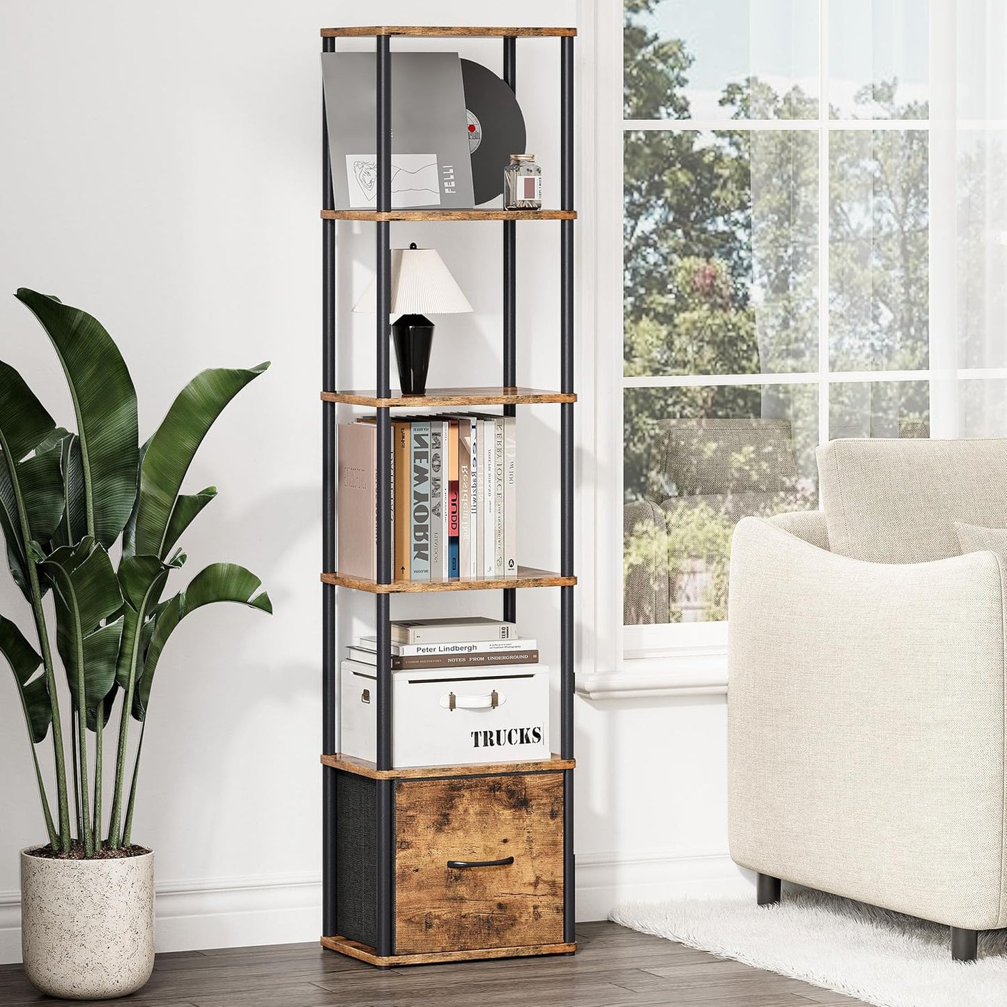 6-Tier Bookshelf with Drawer,Narrow Bookshelves Organizer,Floor Standing Ladder Shelf,Tall Bookcase for Small Space,Book shelf with Storage for Living Room, Bedroom, Office, Study Rustic Brown HBC505R