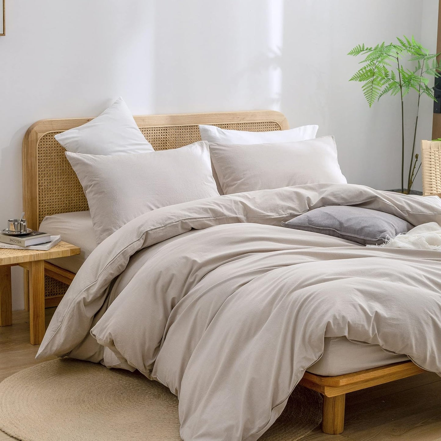 BESTOUCH Duvet Cover Set 100% Washed Cotton Linen Feel Super Soft Comfortable Chic Lightweight 3 PCs Home Bedding Set Solid Linen Grey Super Queen