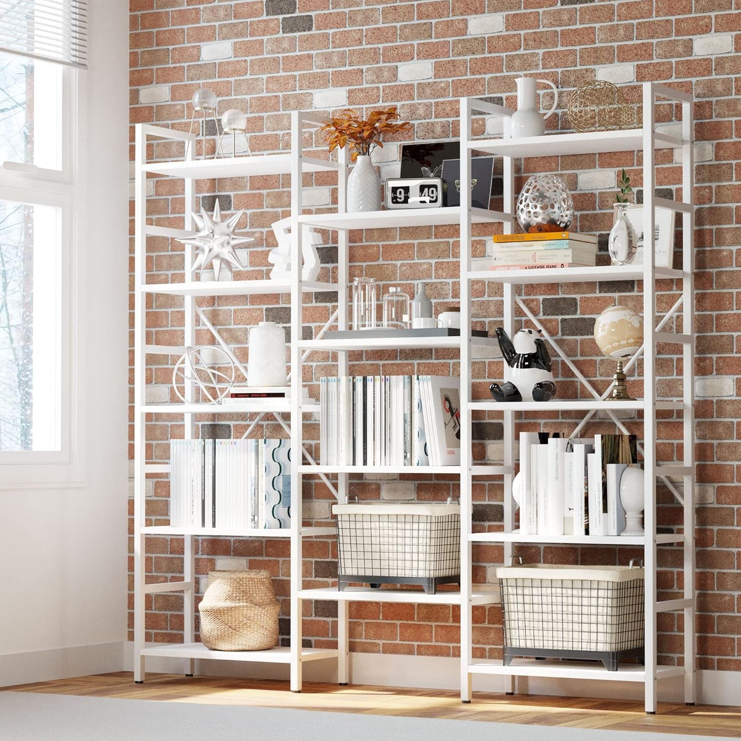 IRONCK Bookcases and Bookshelves Triple Wide 5 Tiers Industrial Bookshelf, Large Etagere Bookshelf Open Display Shelves with Metal Frame for Living Room Bedroom Home Office