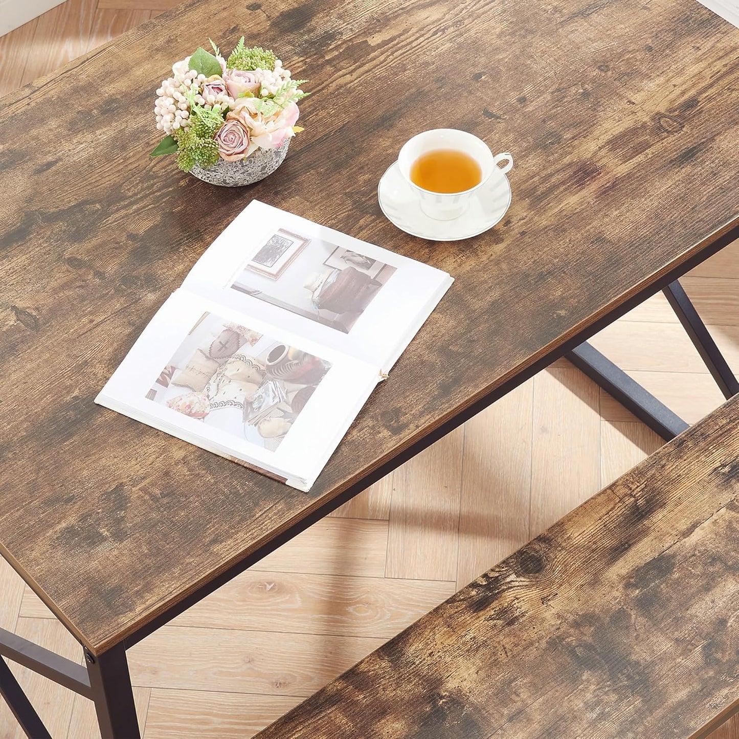 VECELO 43.3 Inch Dining Table Set for 4, Rectangle Dinner Breakfast Dinette with 2 Benches, Thickened Metal Frame & Board, for Kitchen, Living Room, and Small Space, Rustic Brown