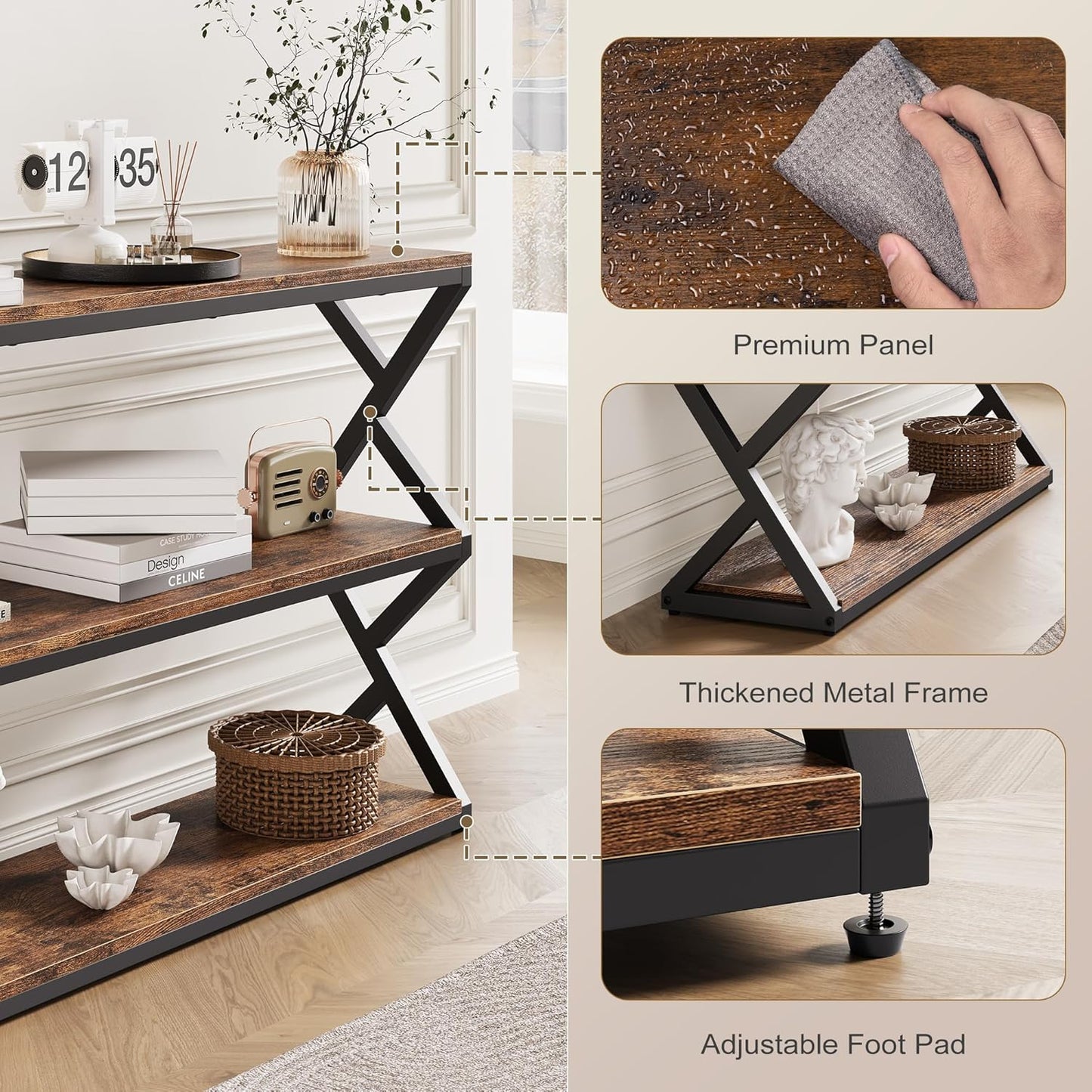 47.2 Inch Rustic Console Table, Industrial Entryway Table with 3-Tier Shelves - Long Hallway Sofa Table, TV Stand & Media Center for Living Room, Vintage Brown