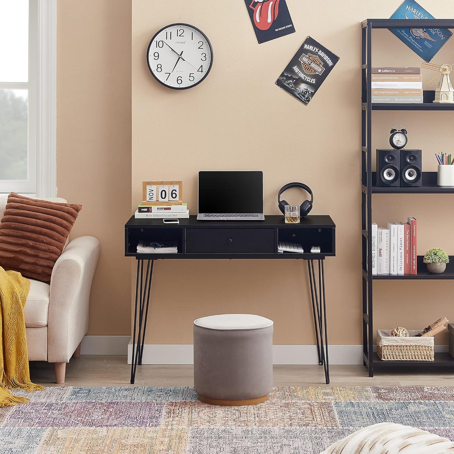 VECELO 39.3" Home Office Work Table with Drawers,Computer Desk with Hairpin Leg for Writing/Study,Black