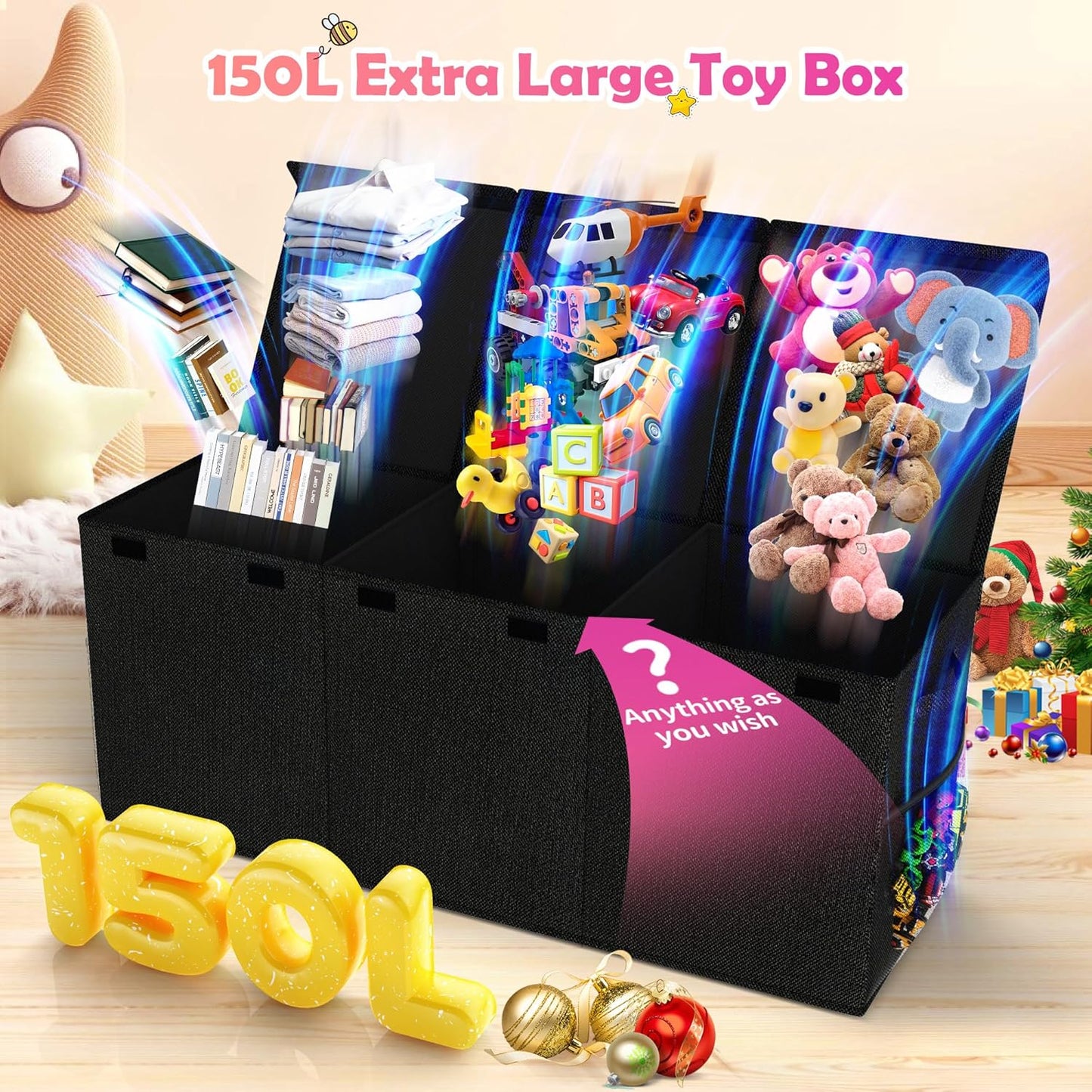 Extra Large Toy Box, Collapsible Sturdy Kids Toy Chest for Boys, Girls, 40"x14"x16" Storage Organizer Toddler Storage Bins with Lids, Toybox Basket for Living Room, Bedroom, Nursery, Black