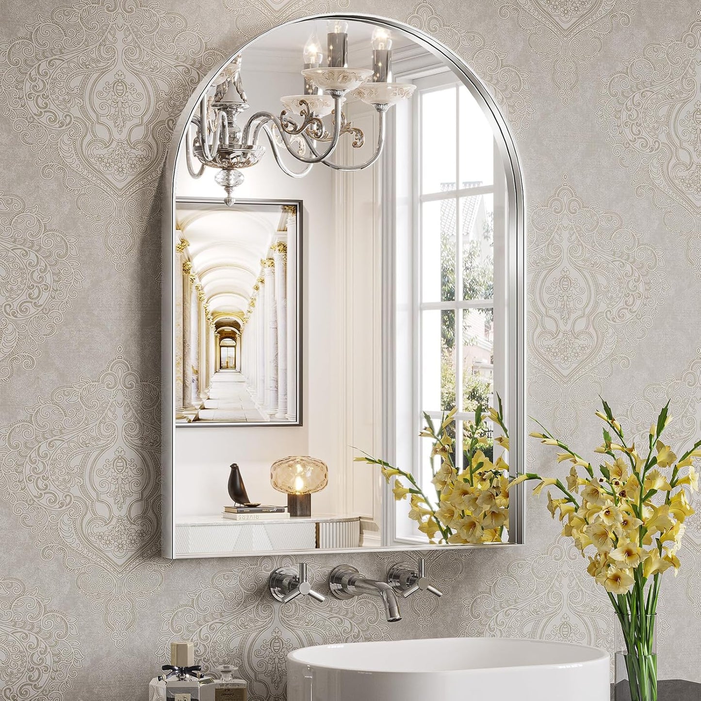 Brightify Arched Wall Mirror - 22 x 30 Inch Metal Frame Silver Arch Top Vanity Mirror for Bathroom, Living Room, Bedroom Mantel Entryway Hallways
