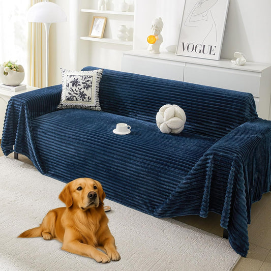 HAOMAIJIA Faux Fur Sofa Covers Couch Covers for 2 Cushion Couch Sofa Pet Friendly Soft Non Slip Couch Cover for Dogs Washable Sectional Couch Covers L Shape Furniture Protector (Navy Blue, 71"x118")