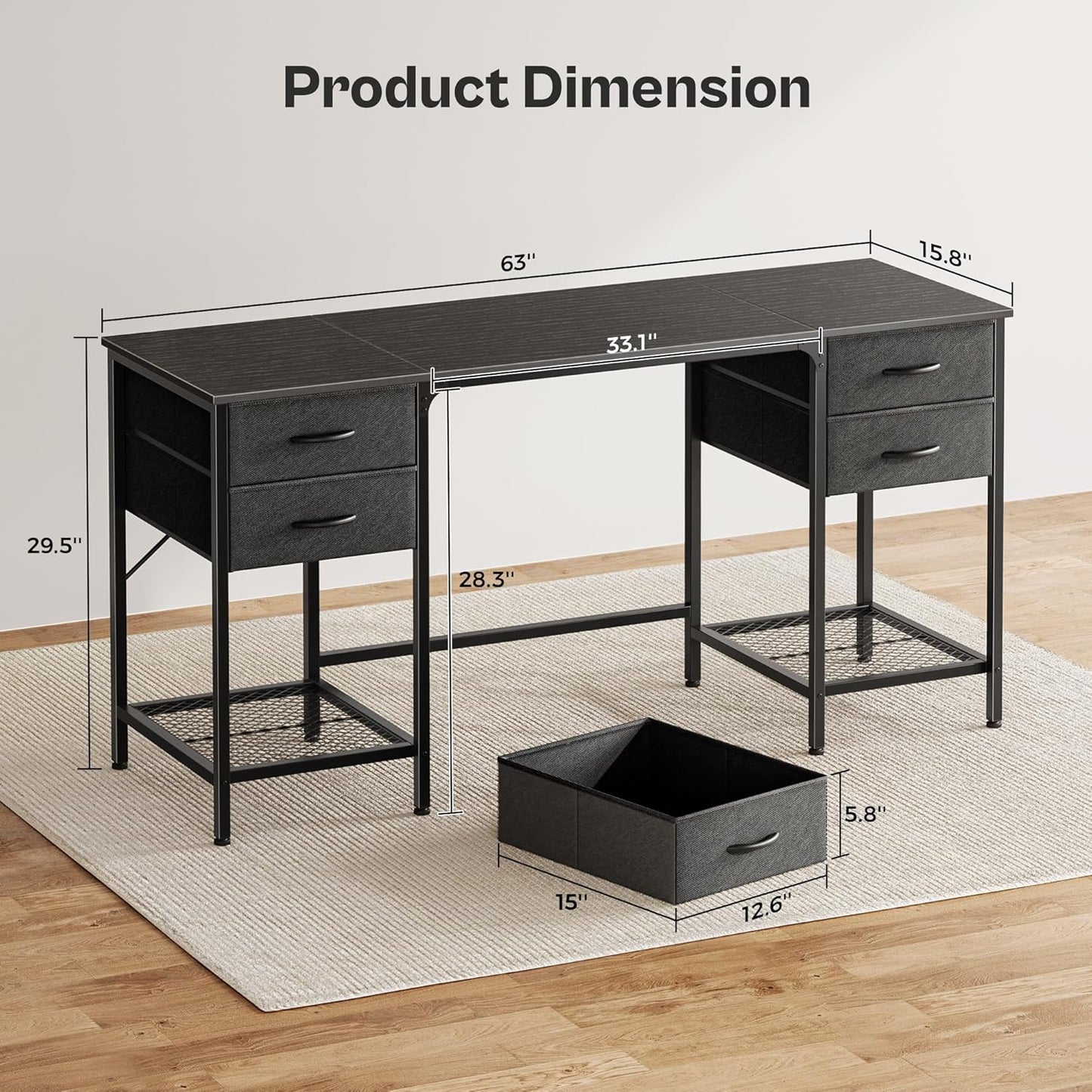 Huuger 63 Inch Computer Desk with 4 Drawers, Mesh Shelf, Gaming, Large Storage, Writing Work Desk for Home, Study, Bedroom, Work from Home, Black