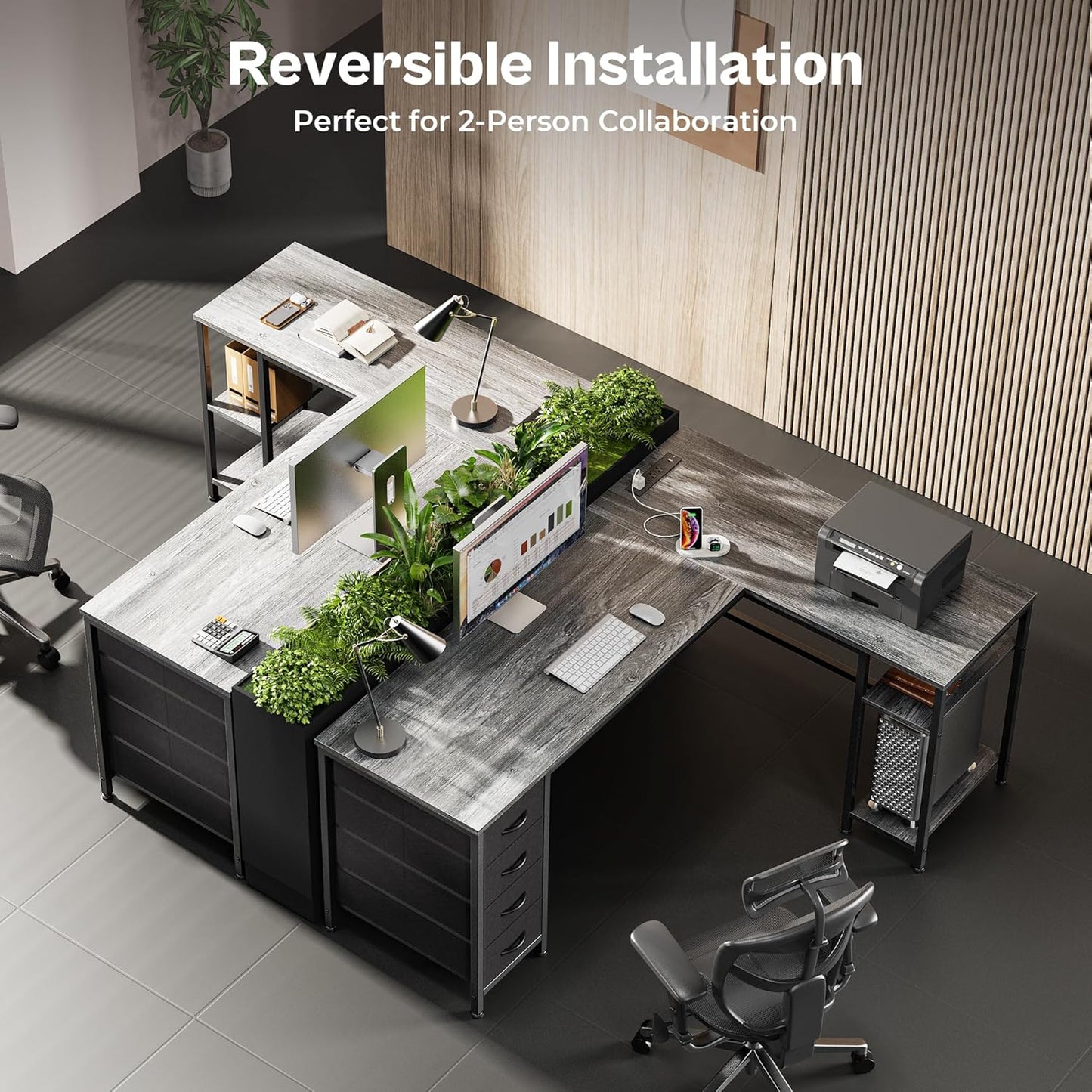 Huuger 55 Inch L Shaped Desk with Fabric Drawers, Reversible Computer Gaming Desk with Power Outlets and USB-C Port, Adjustable Side Storage Shelves, for Work Study Corner Home Office, Grey