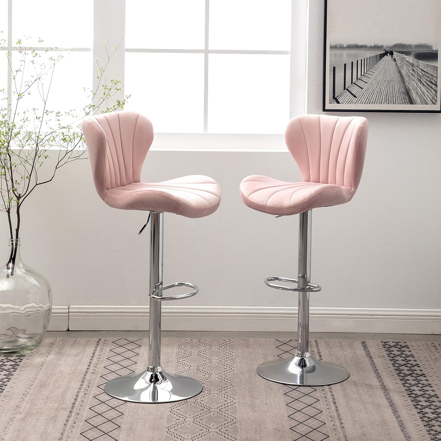 Roundhill Furniture Ellston Velvet Adjustable Swivel Barstools in Pink, Set of 2