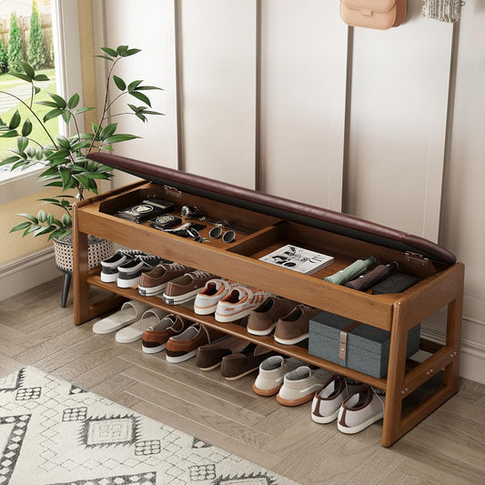 Shoe Rack Bench Seat Rubberwood 2-Tier Wooden Storage Bench 550lbs Compact Mid-Century Modern Design for Entryway, Hallway, Closet, Front Door Entrance, Foyer