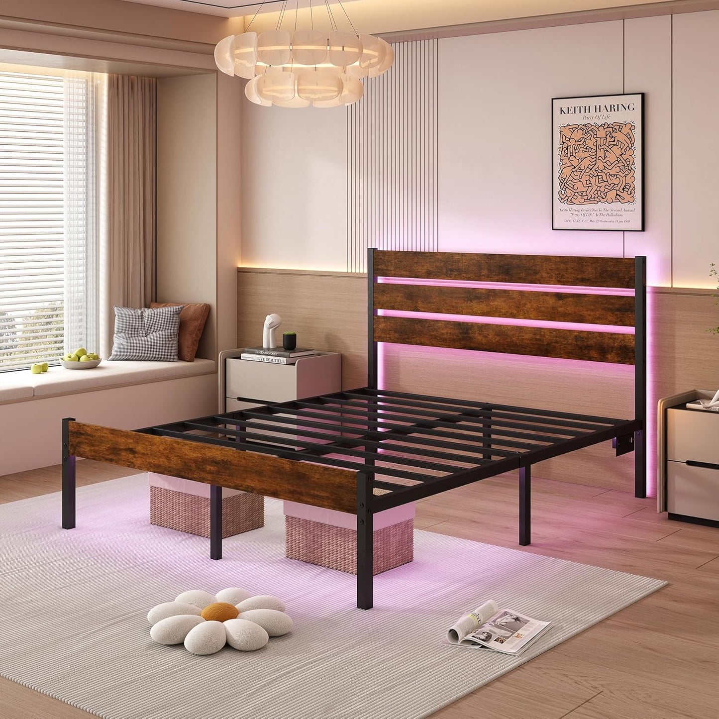 Full Size Bed Frame with Headboard,Heavy Duty LED Bed Frame with USB Charging Station,Mattress Foundation-Under Bed Storage, No Box Spring Needed, Noise Free,Brown