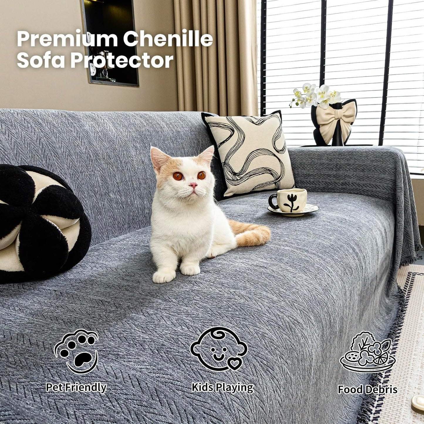 Nobildonna Sofa Cover Washable Soft Thicken Chenille Couch Cover with Tassel,Waterproof Sofa Slipcovers for 2 Cushion Couch,Loveseat,Futon Couch Furniture Protector Pet-Friendly,Dark Gray 71"x102"