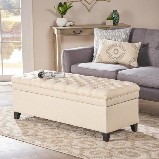 Ball & Cast 50" Upholstered Storage Ottoman with Button-Tufted Diamond Stitching,End Bench w/Uses Pressure Hinges and Legs,Versatile Entryway Footrest Stool for Living Room & Bedroom,Beige
