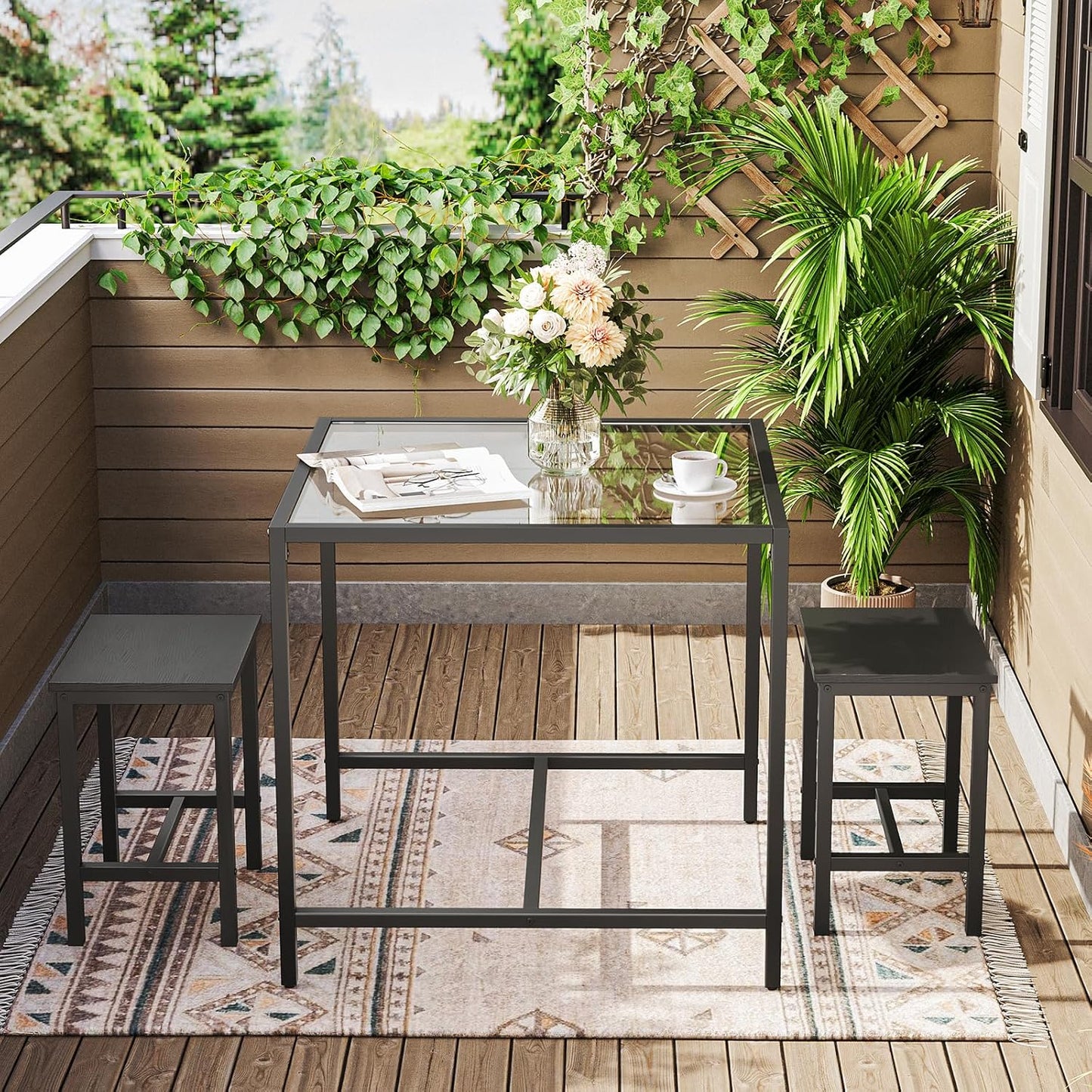 HOOBRO Mordern Dining Table Set, Glass Dining Room Table Set for Small Spaces, Kitchen Table and Chairs for 3 Table with Chairs Home Furniture Rectangular, Black BK80CZ01