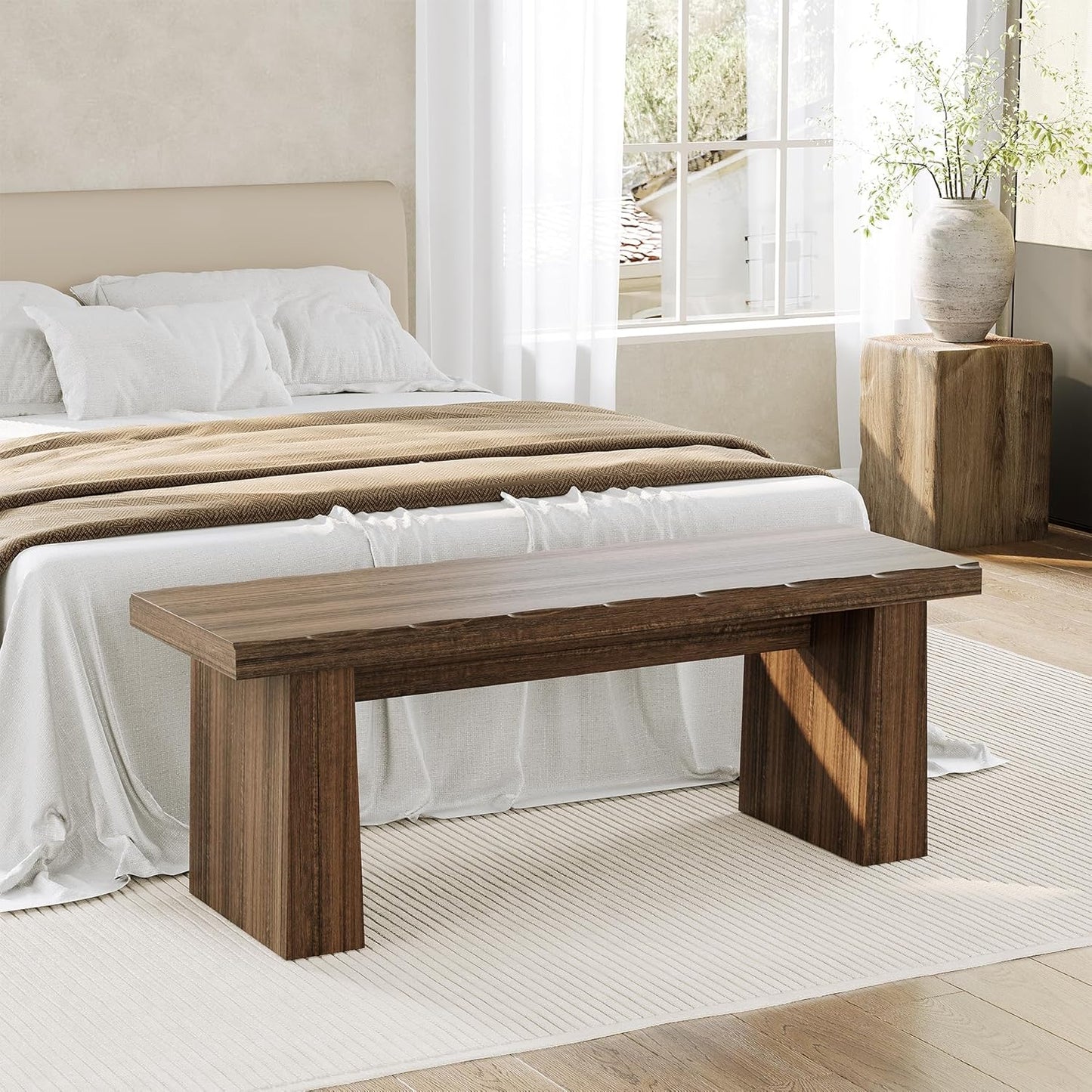 LITTLE TREE 47-Inch Wooden Entryway Bench, Farmhouse Dining Bench with Sturdy Frame for Dining Room, Bedroom, Living Room Hallway Kitchen, Easy Assembly (Mahogany)