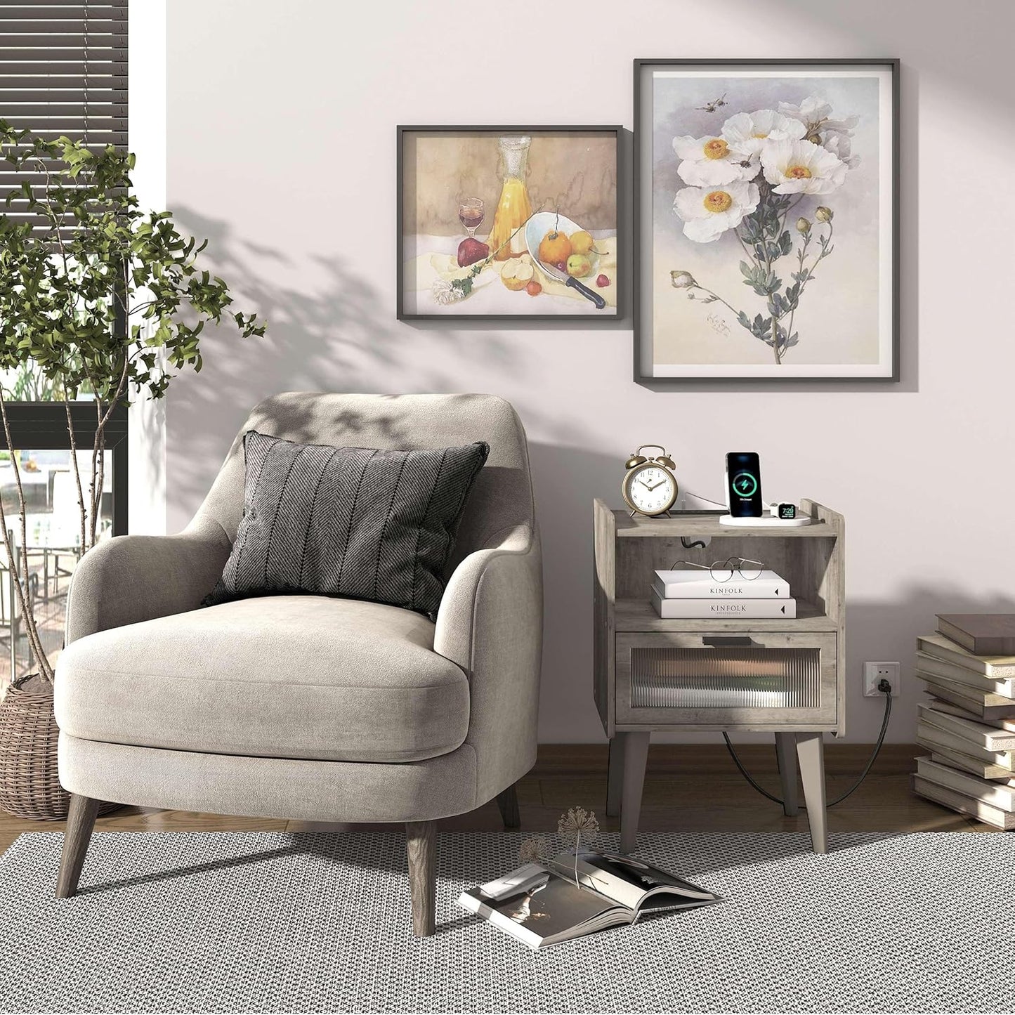 Nightstand with Charging Station, Bedside Tables Oak Grey End Table Side Table with 2 Tiers Storage Space, for Bedroom Living Room MLBZ07GE