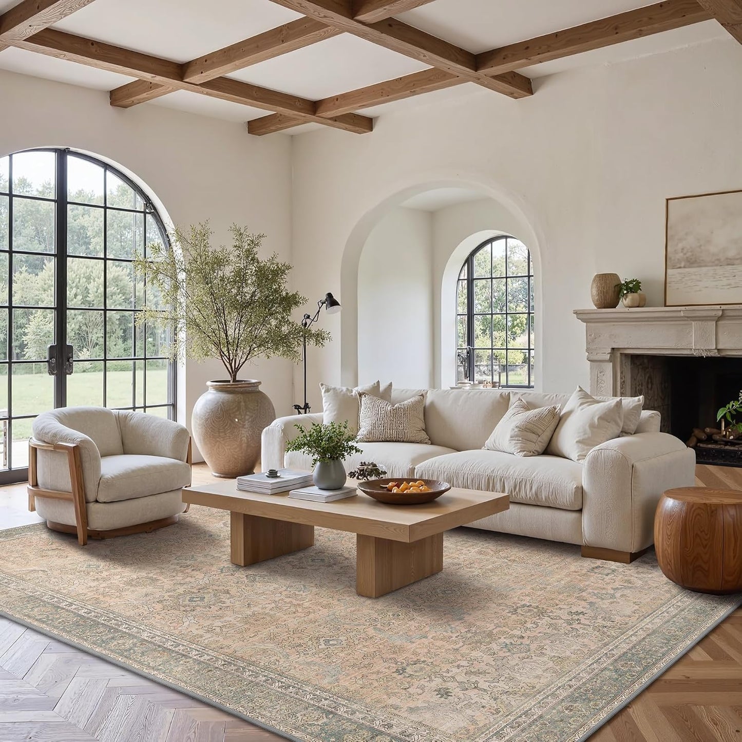 9X12 Area Rugs Machine Washable Rugs for Living Room, Vintage Boho Large Rugs for Bedroom Dining Room, Non Slip Indoor Soft Distressed Lightweight Thin Low Pile Carpet, Soft Sand