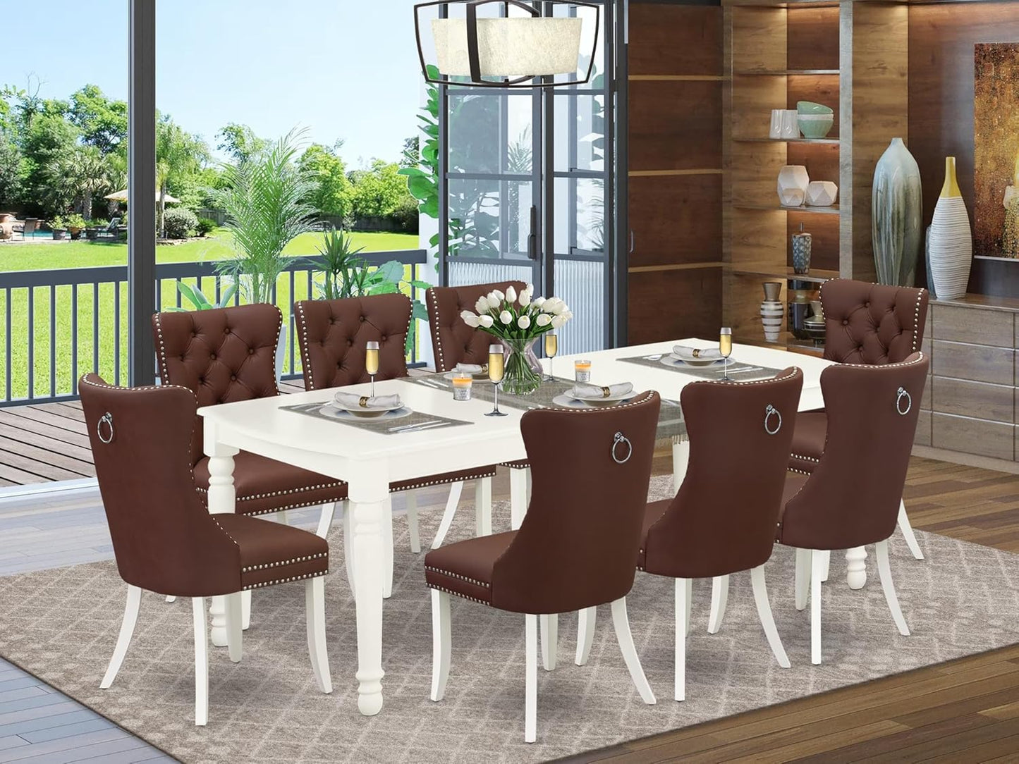 East West Furniture DODA9-LWH-26 9 Piece Modern Dining Table Set Consists of a Rectangle Kitchen Table with Butterfly Leaf and 8 Polyester Fabric Upholstered Chairs, 42x78 Inch, Linen White