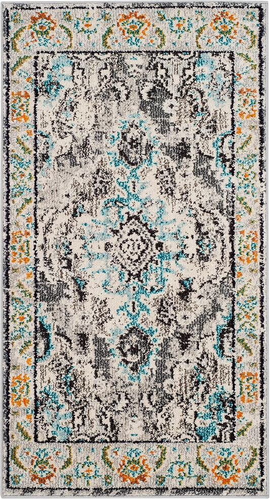 SAFAVIEH Monaco Collection Accent Rug - 2'2" x 4', Grey & Light Blue, Medallion Distressed Design, Non-Shedding & Easy Care, Ideal for High Traffic Areas in Entryway, Living Room, Bedroom (MNC243G)