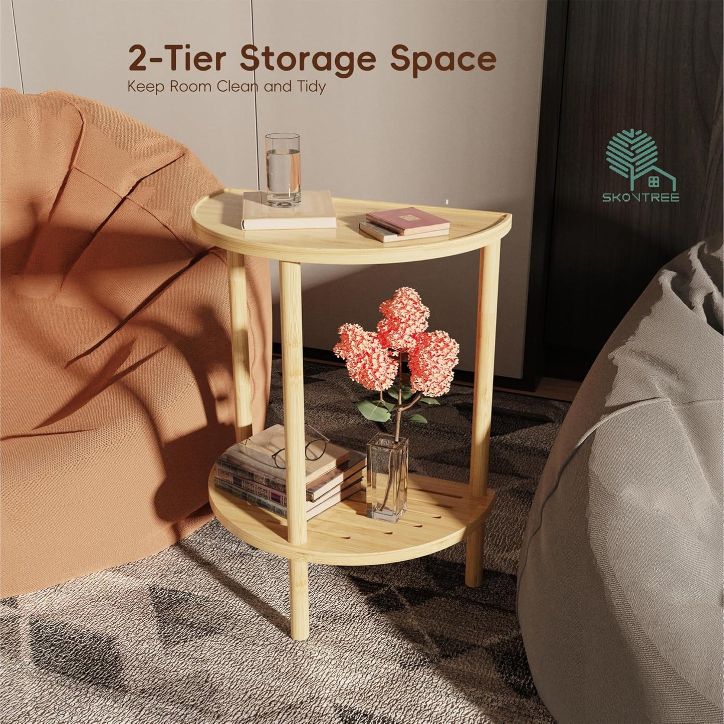 End Table, Half Moon Side Tables, Living Room Half Round 2 Tier Table for Small Space, Living Room Bedroom Couch Tables with Storage Shelf (Natural)