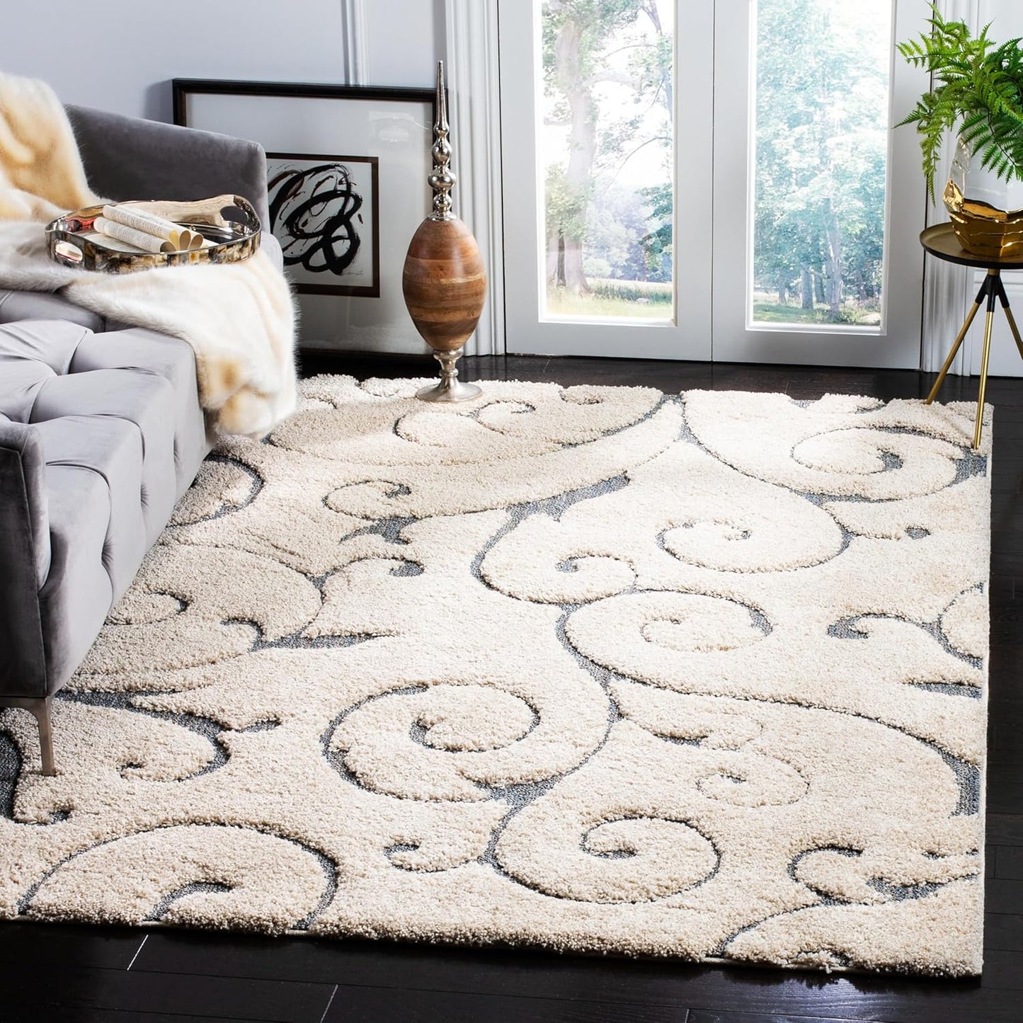 SAFAVIEH Florida Shag Collection Area Rug - 6' x 9', Beige & Blue Grey, Scroll Design, Non-Shedding & Easy Care, 1.2-inch Thick Ideal for High Traffic Areas in Living Room, Bedroom (SG455-1155)