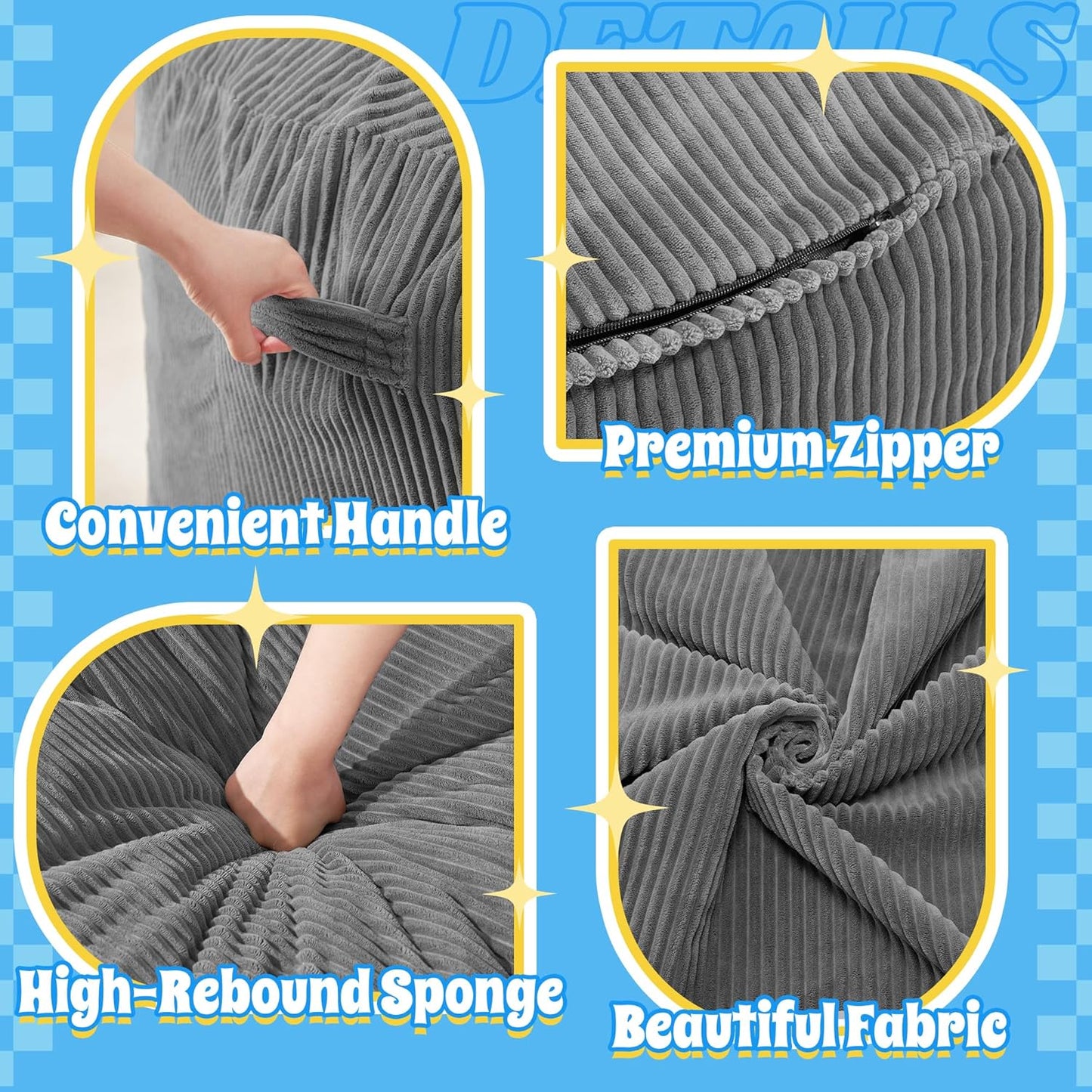 HABUTWAY 3FT Bean Bag Chair,Giant Bean Bag Chairs for Adults,Big Bean Bags with Memory Foam Filled, Large Beanbag Chairs with Soft Corduroy Cover-Grey