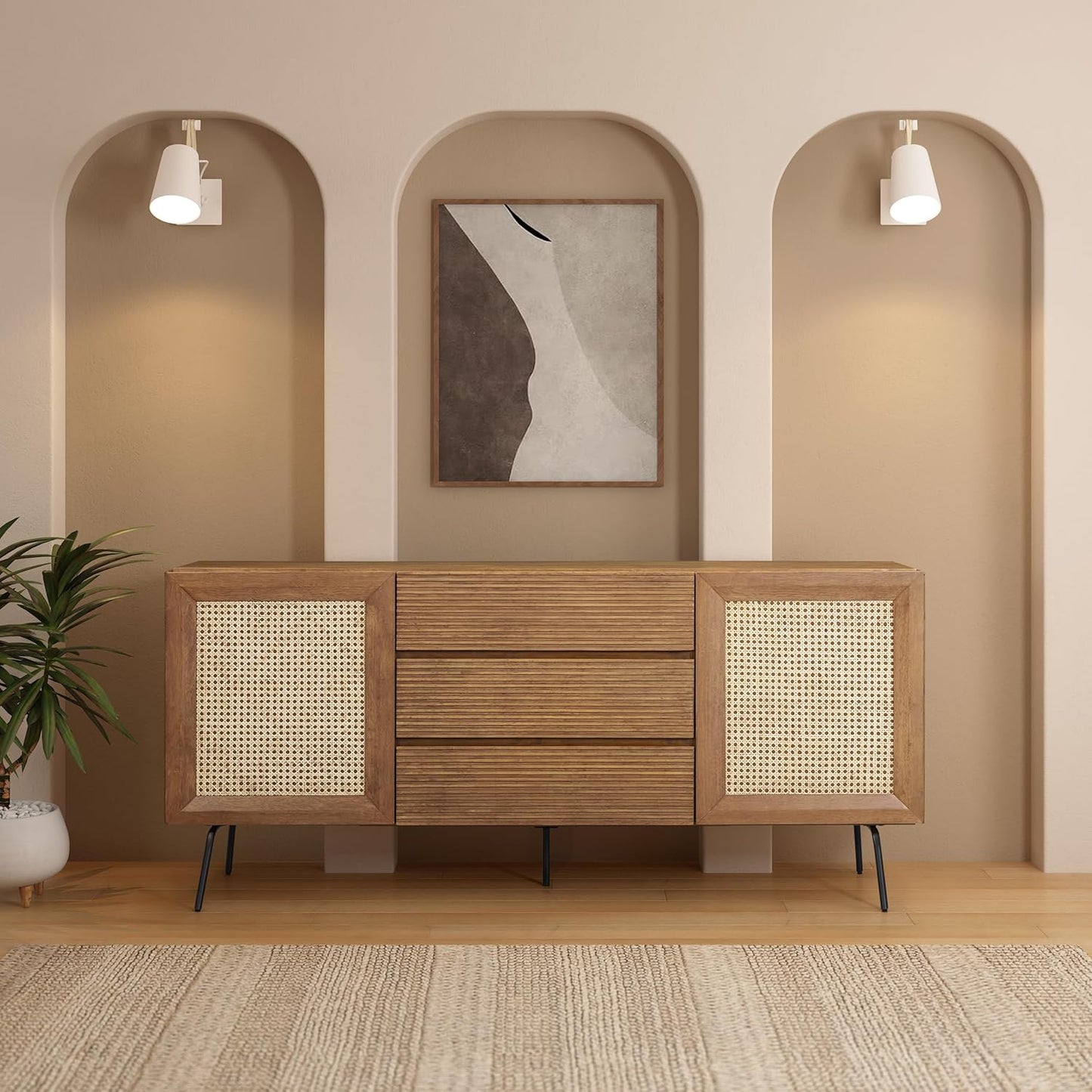 NTC MOSSIC Modern Sideboard with 4 Doors, Natural Rattan Storage Cabinet, Buffet with Metal Legs, Boho Accent Cabinet for Living Room, and Entryway, Effortless Assembly, Teak Look