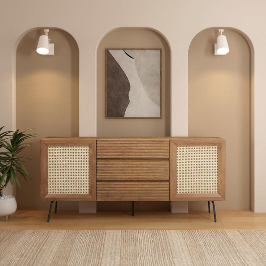 NTC MOSSIC Modern Sideboard with 4 Doors, Natural Rattan Storage Cabinet, Buffet with Metal Legs, Boho Accent Cabinet for Living Room, and Entryway, Effortless Assembly, Teak Look