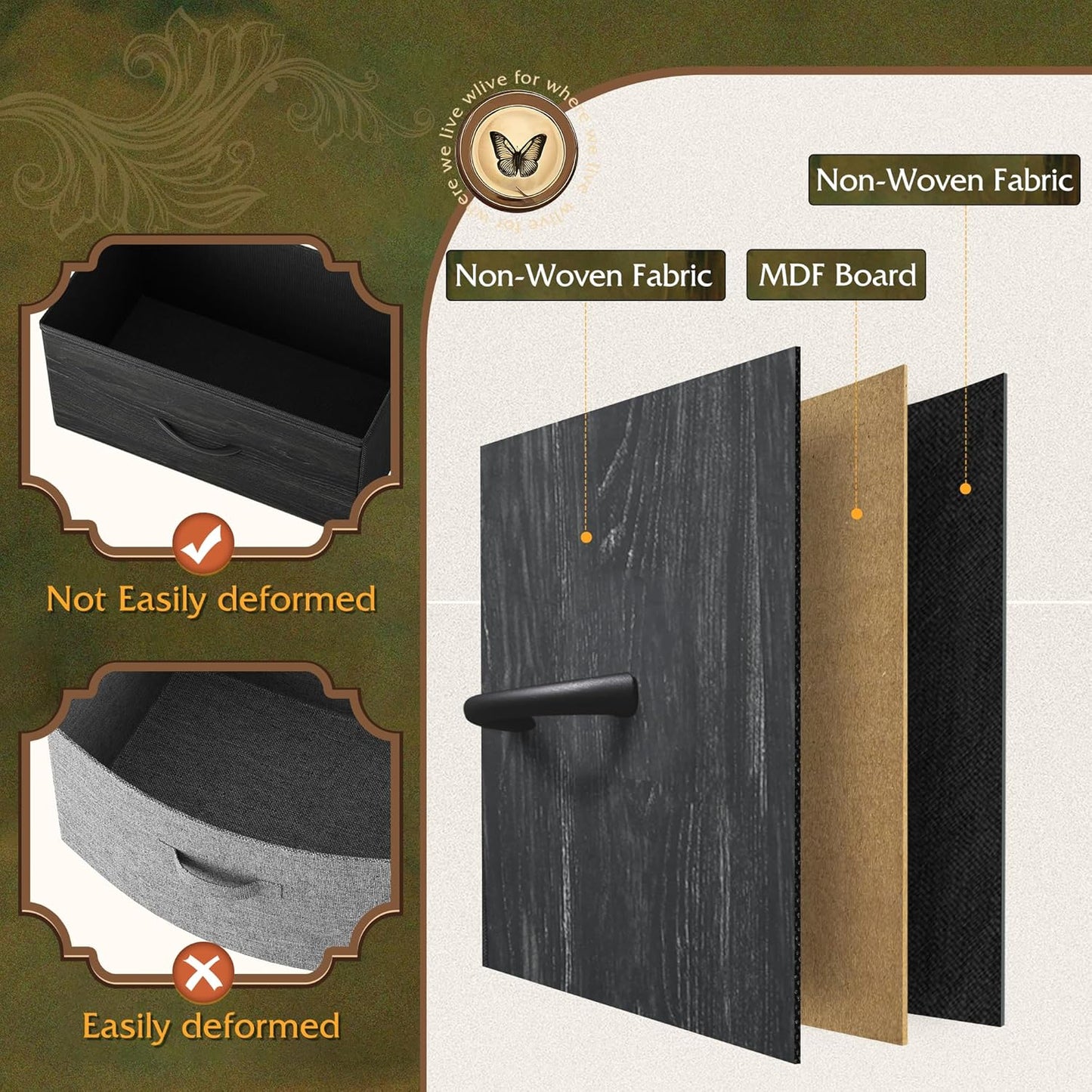 WLIVE Dresser for Bedroom with 5 Drawers, Long Storage Dresser, Fabric Dressers, Storage Drawer Unit with Fabric Bins for Closet, Hallway, Charcoal Black Wood Grain Print, Size L