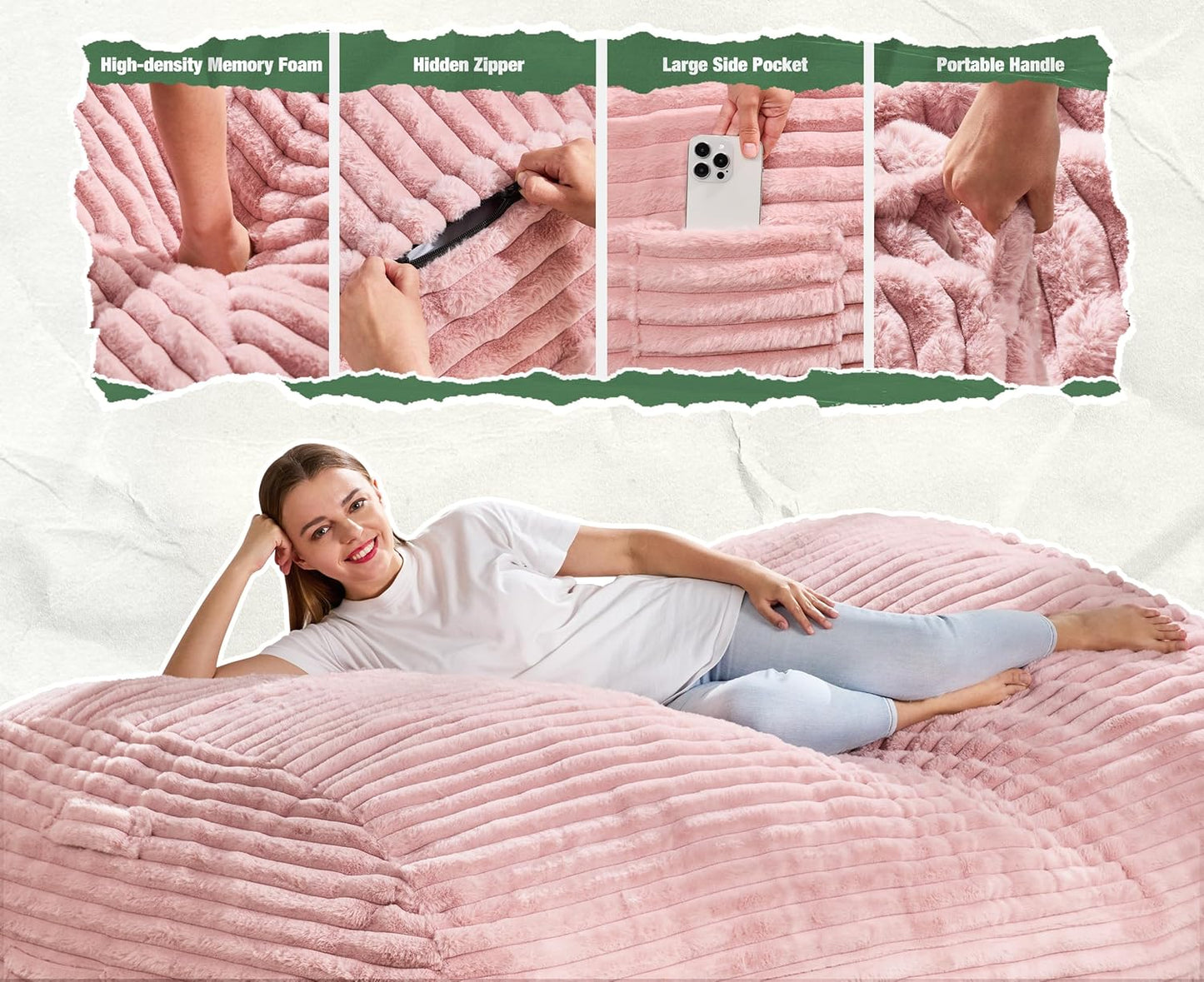 Hobestluk 6FT Bean Bag Chairs Adult Bean Bag with Portable Handle Comfy Large Bean Bag Lounge Chair with Removable Cover for Living Room Bedroom (Stripe Pink, 6FT)