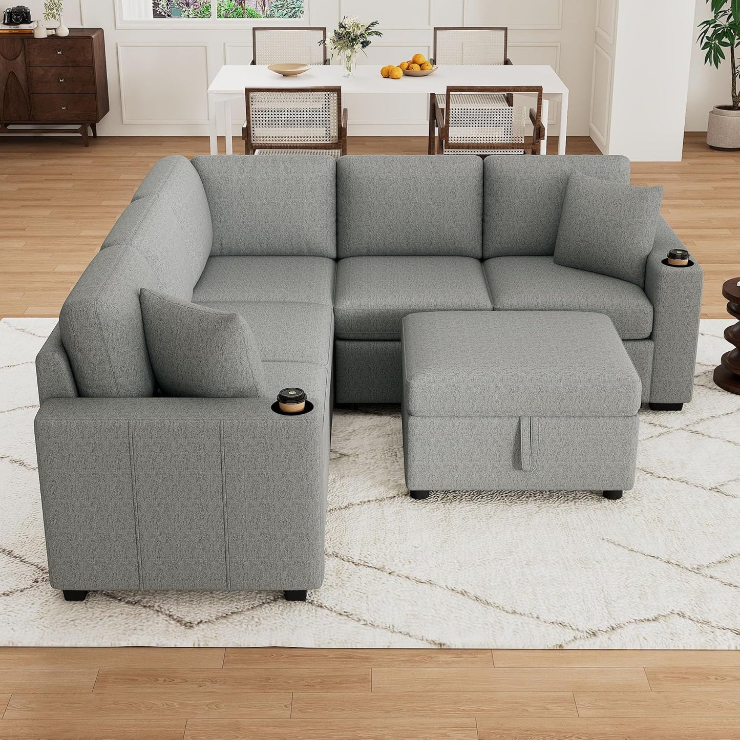 84.7" Symmetrical Convertible Sleeper Sectional Sofa Couch Bed for Living Room 4 Seater L Shaped Reversible Pull Out Sleeper Sofabed with Movable Ottoman ,2 Cup Holders ,USB Ports, Detachable Backrest