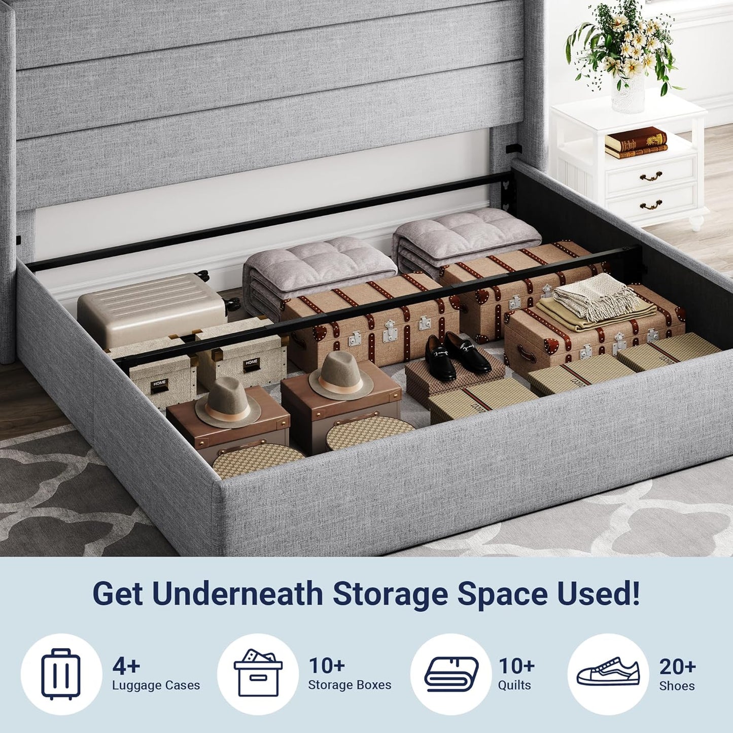 Allewie King Size Lift Up Storage Bed, Modern Wingback Headboard, Hydraulic Support, No Box Spring Needed, Light Grey