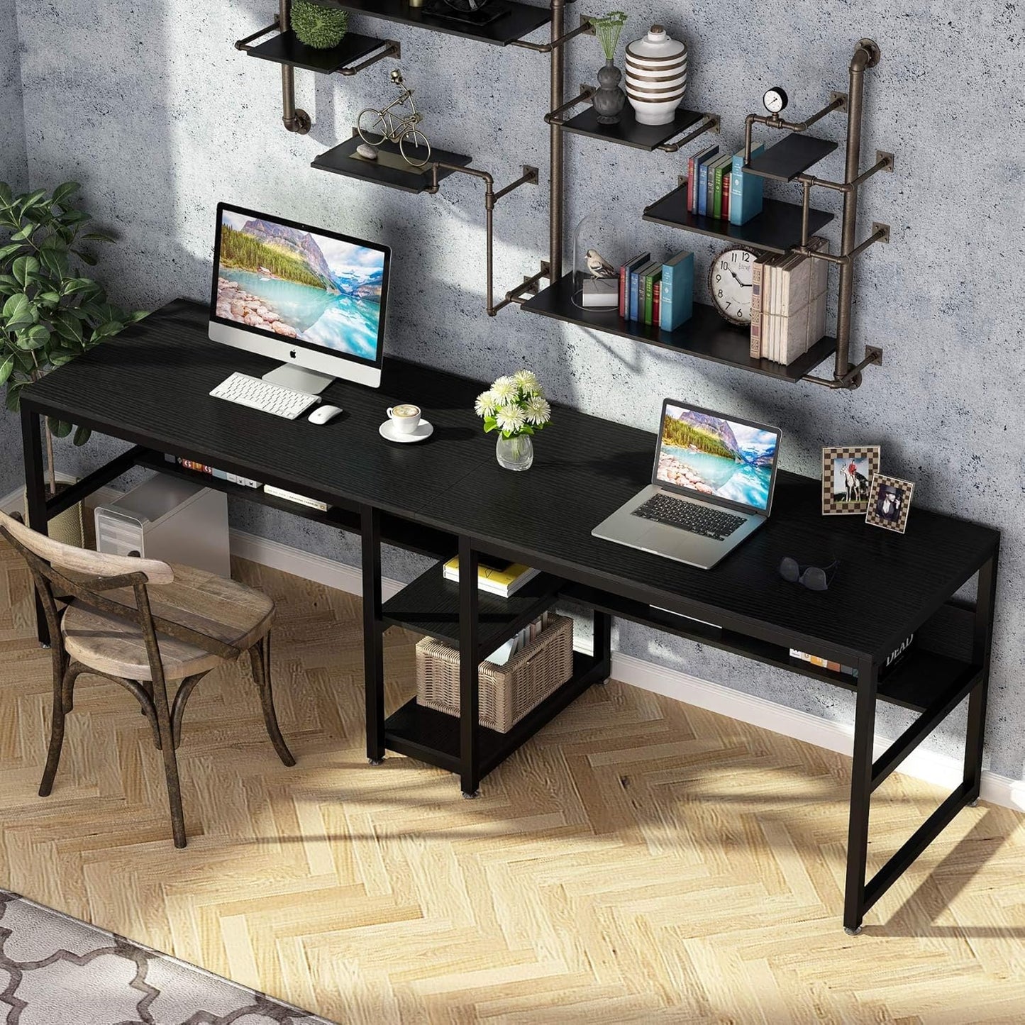 Tribesigns Two Person Desk with Bookshelf, 78.7 Computer Office Double Desk for Two Person, Rustic Writing Desk Workstation with Shelf for Home Office (Black)