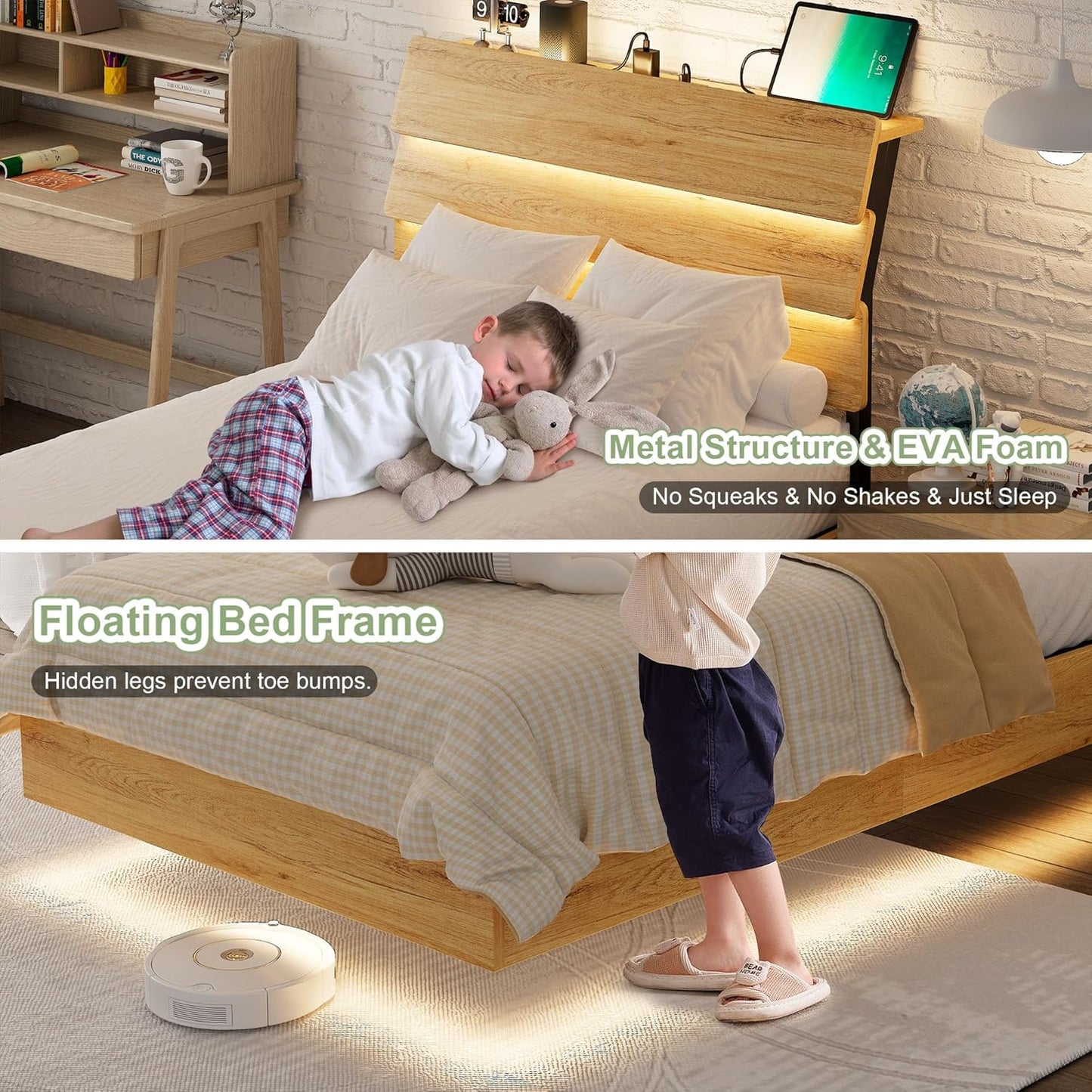 Feonase Floating Bed Frame Twin with Led Lights and Charging Station, Wood Full Size Bed Frame with Storage Headboard, Heavy Duty Metal Slats, No Box Spring Needed, Easy Assembly,Oak