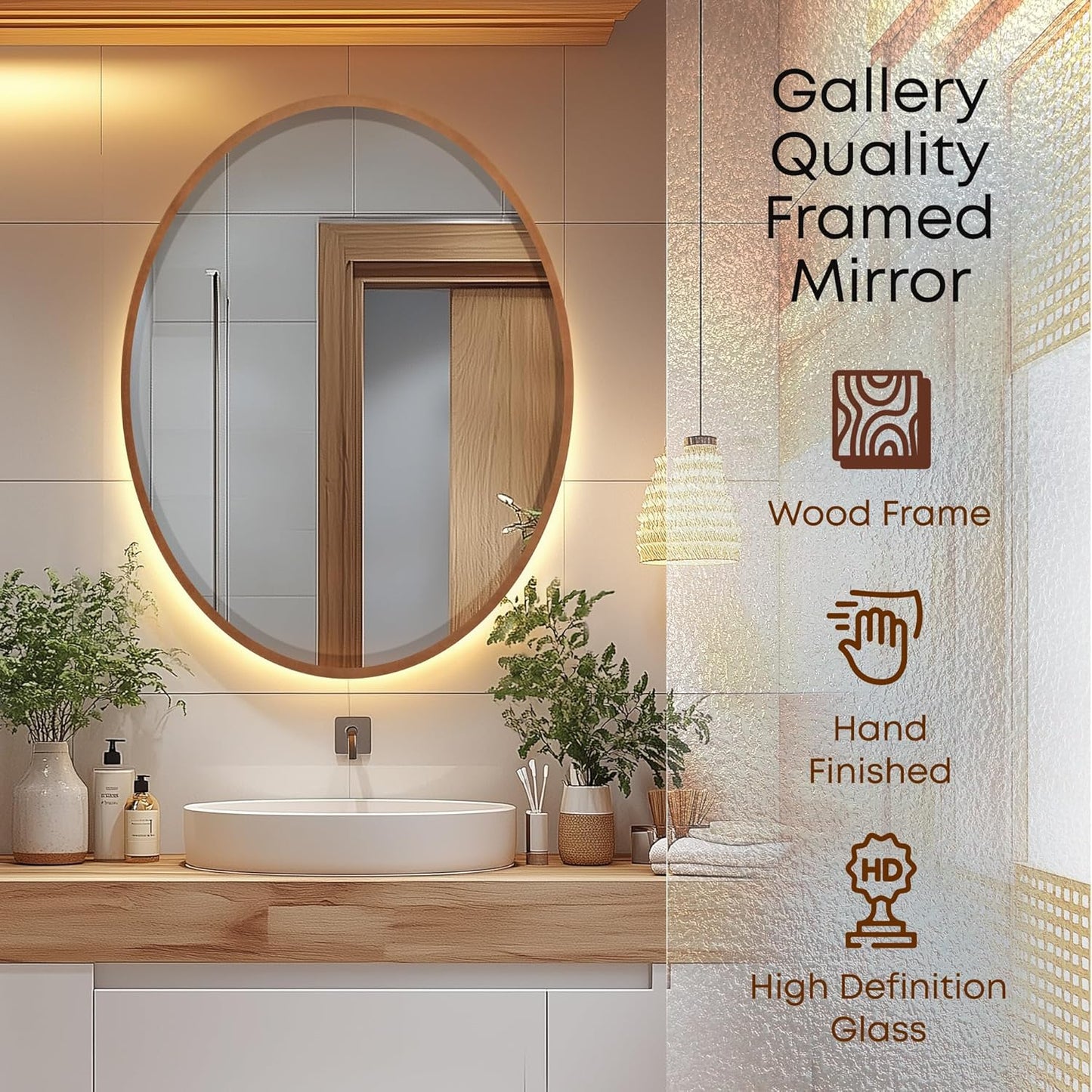 OVALCREST - Oval Wooden Beveled Wall Mirror for Home Decor, Bathroom, Vanity, Bedroom, Living Room, Hallway - London Style (Sunset Gold) 21.1 x 31.1