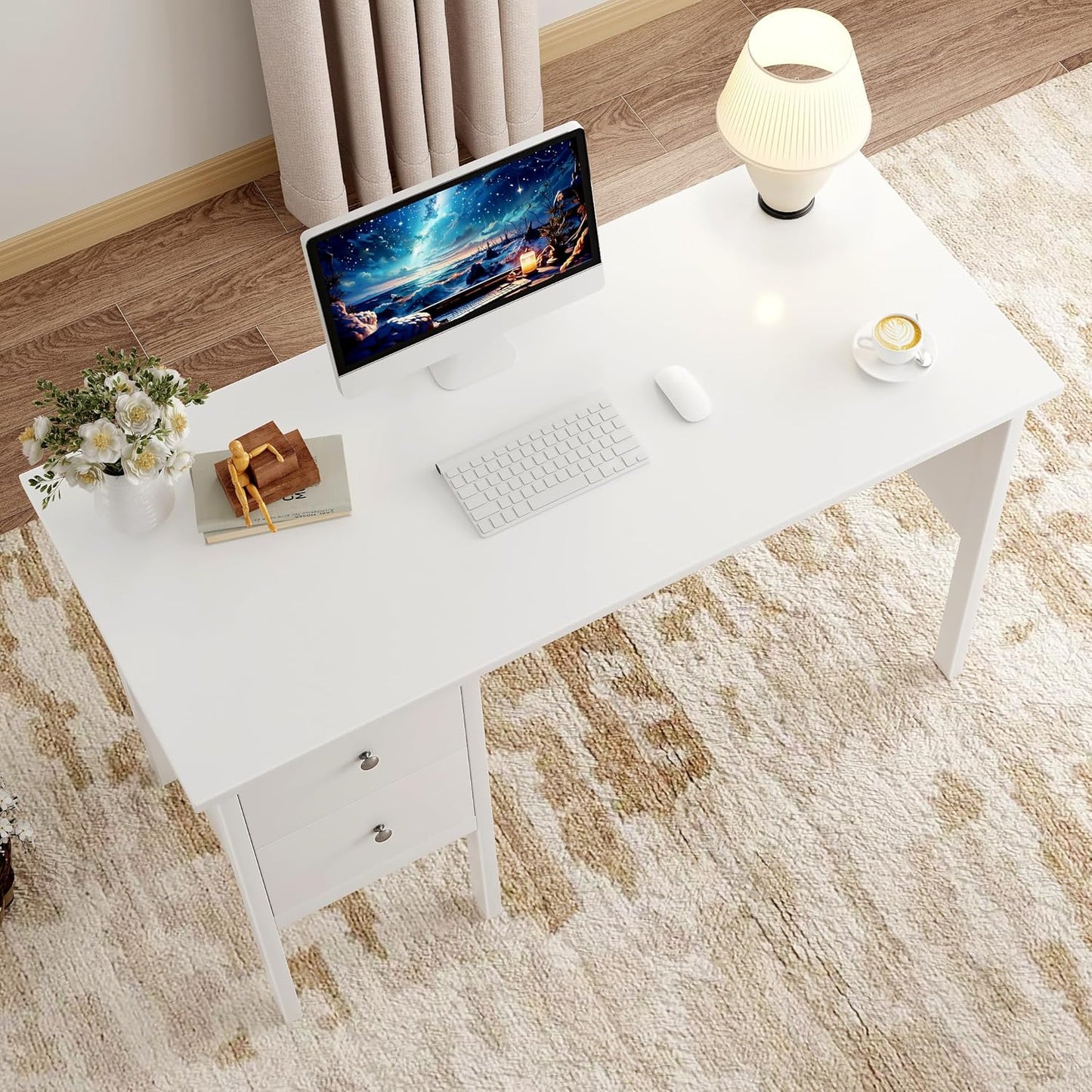 BHG Computer Desk with Drawers,Modern White Home Office Desk with Storage Filing Cabinet, Vanity Desk Makeup Dressing Table for Bedroom,Small Writing Table PC Desks for Study(White, 43.3")