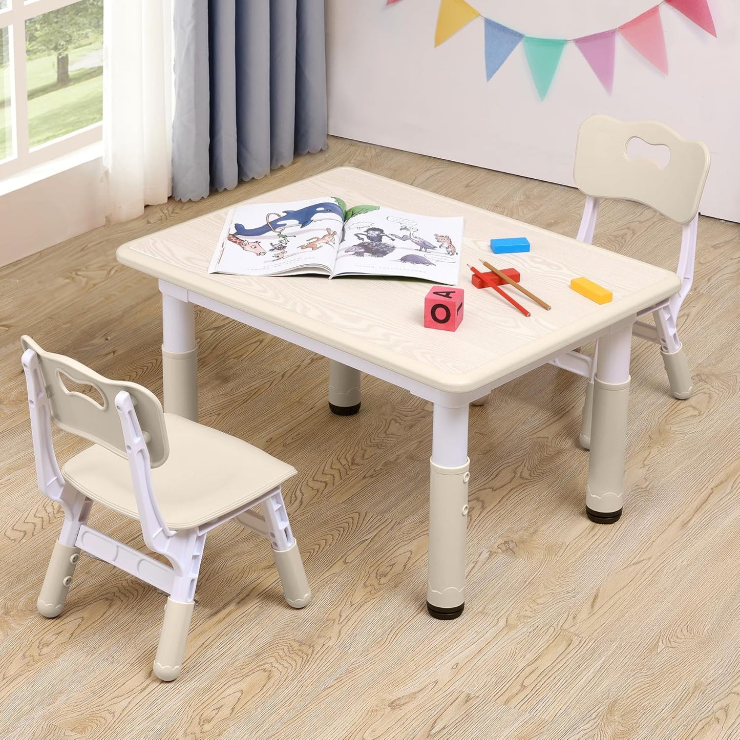 Adjustable Kids Table & Chairs Set for Ages 3-8 | 31.5"x23.6" Easy-Clean Activity Table | Meets ASTM/CPSC Standards for Daycare, Homeschool & Playroom (Natural-Wood, 2 Chairs)
