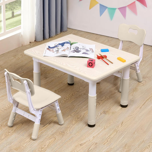 Adjustable Kids Table & Chairs Set for Ages 3-8 | 31.5"x23.6" Easy-Clean Activity Table | Meets ASTM/CPSC Standards for Daycare, Homeschool & Playroom (Natural-Wood, 2 Chairs)