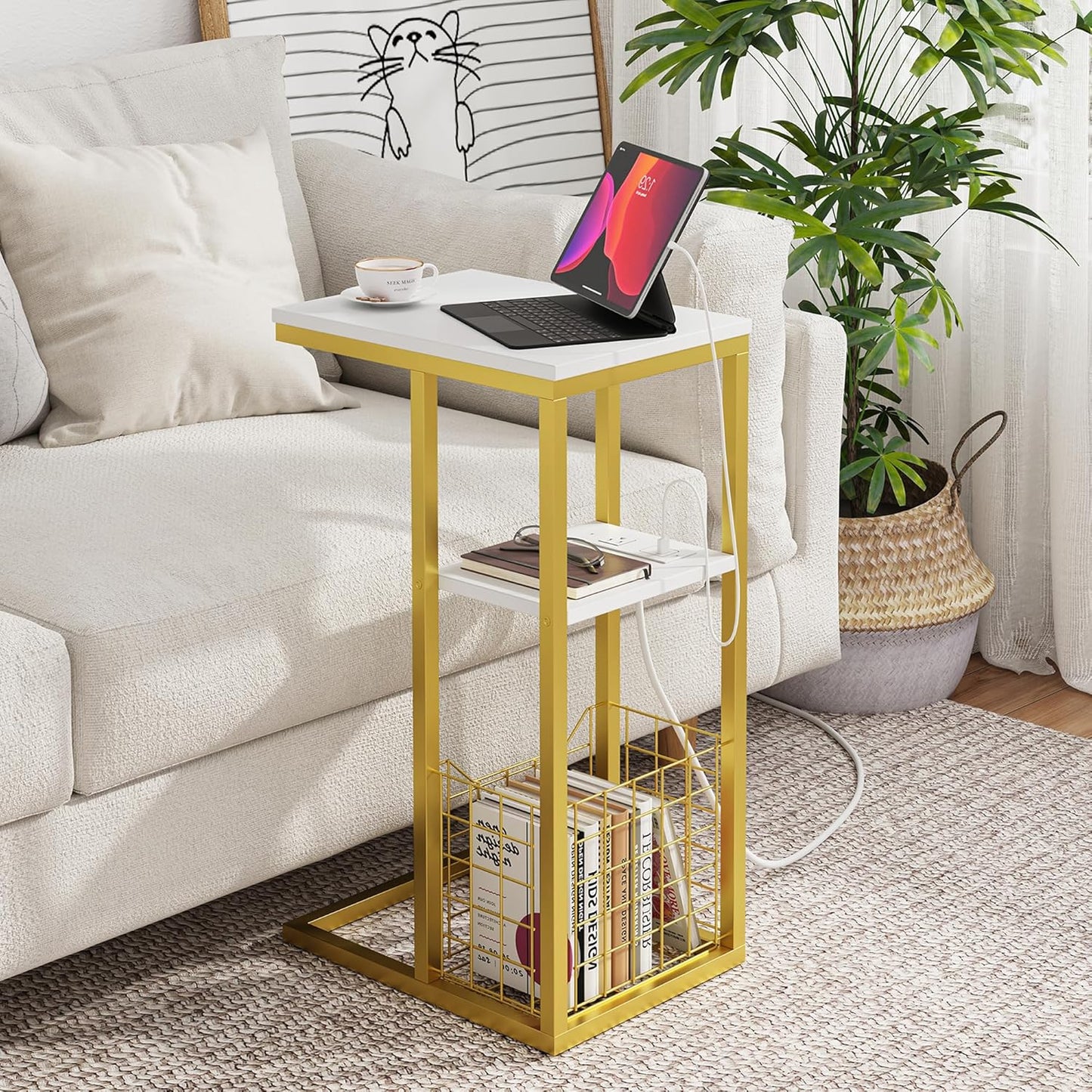 Vagusicc C Shaped End Table with Charging Station, Side Table for Couch, Small Side End Table for Small Spaces, 28" High Slide Under Sofa Table for Coffee, Tv Tray Table for Living Room, Golden