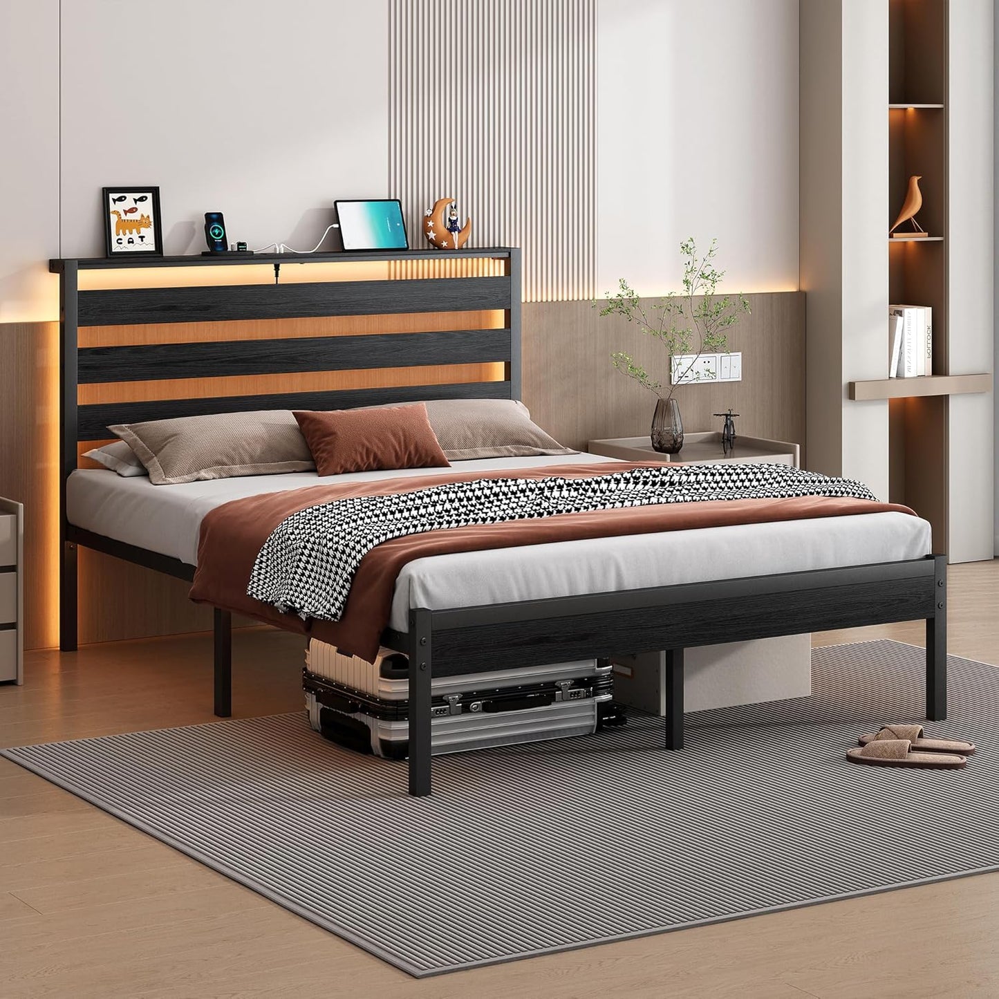 14 Inch Classic Metal Platform Bed Frame-Queen Bed Frame with Headboard,Steel Slats Support-LED Bed Frame with USB Charging Station,Under Bed Storage,No Box Spring Needed,Noise Free