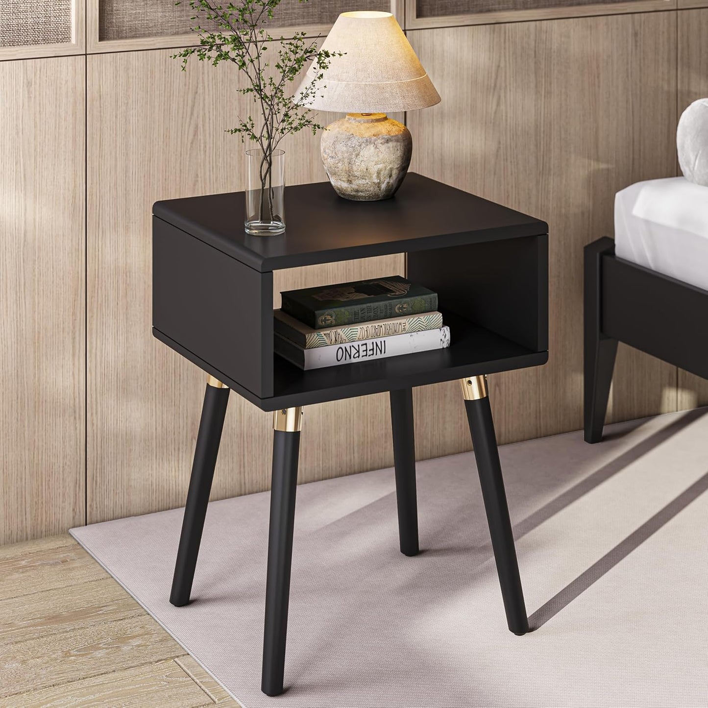 Bme Dinkee Solid Wood Nightstand, Fully Assembled, Without Drawer for Mid Century Bedroom and Living Room, Black