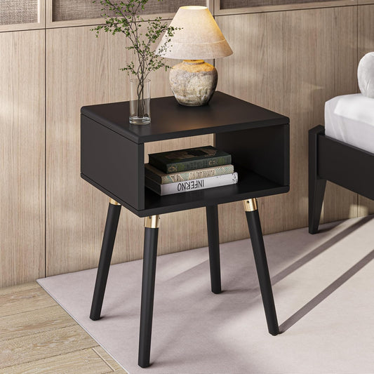 Bme Dinkee Solid Wood Nightstand, Fully Assembled, Without Drawer for Mid Century Bedroom and Living Room, Black